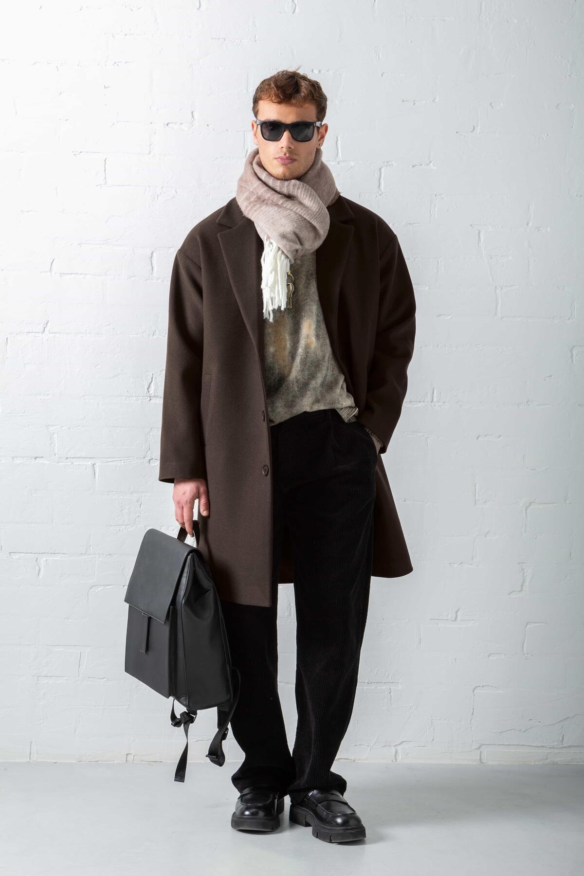 ablukaonline Erkek Oversize Düğmeli Kaşe Kaban Koyu Kahve