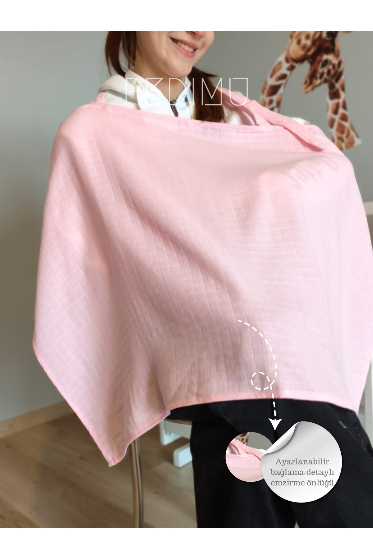 Pedimu Müslin Emzirme Önlüğü 60x100 cm – %100 Pamuk, Nefes Alabilen, Ayarlanabilir, - Pembe Renk fotoğrafı 4 (önizleme)