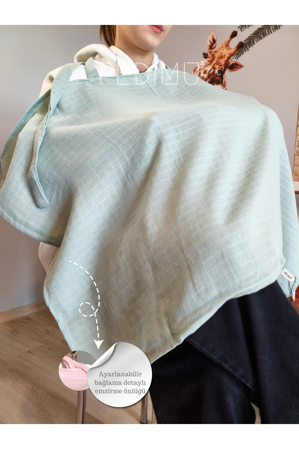 Pedimu Müslin Emzirme Önlüğü 60x100 cm – %100 Pamuk, Nefes Alabilen, Ayarlanabilir, - Nil Yeşili Renk fotoğrafı 5 (önizleme)