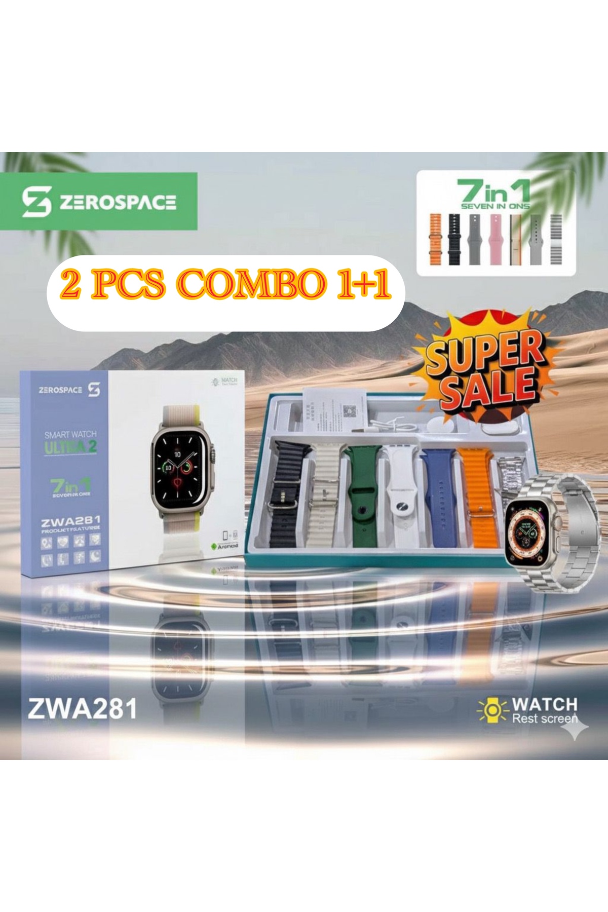 عرض كومبو من قطعتين ساعة ذكية بشاشة AMOLED، و7 أحز...
