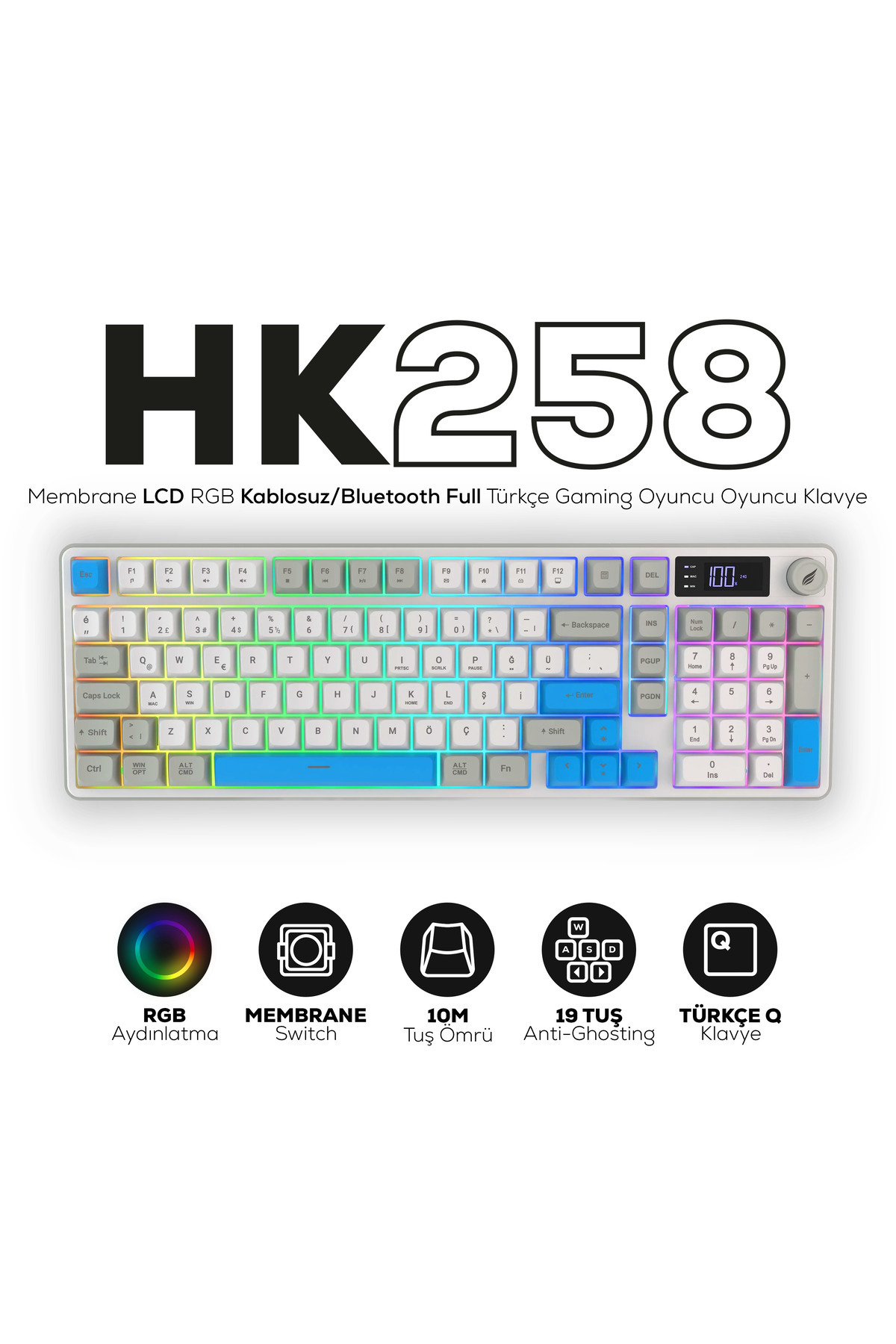 Hawk Gaming Chair HK258 Membrane LCD RGB Kablosuz/Bluetooth Beyaz Mavi Full Türkçe Gaming Oyuncu Klavye