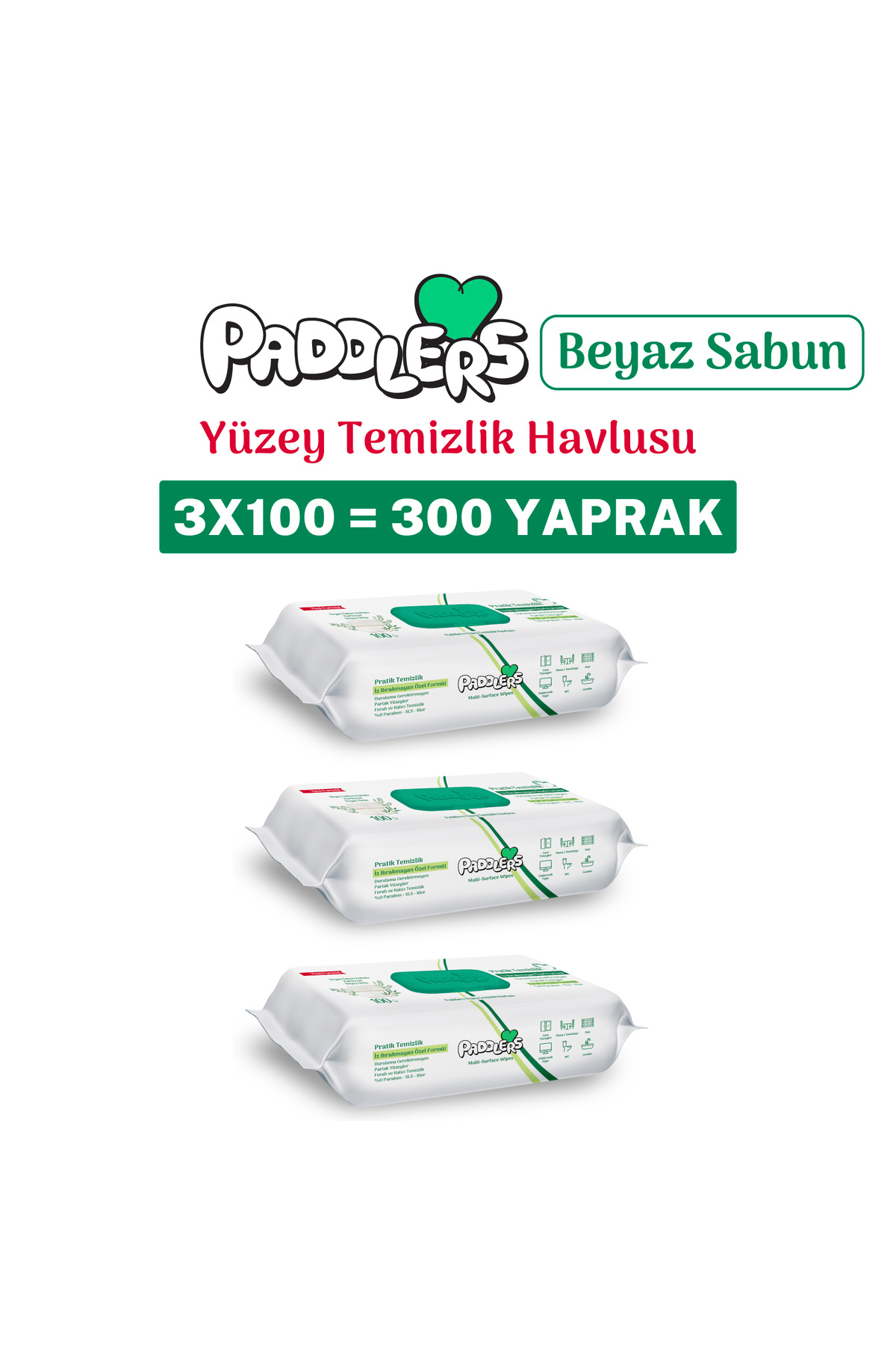 Paddlers Easy Clean Beyaz Sabun Katkılı Yüzey Temizlik Havlusu 3x100 (300 Yaprak)