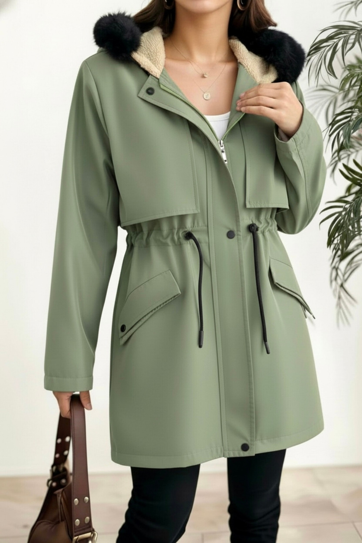 hiramir  Yeni Sezon Kapüşon Önü Uzun Tüylü İçi Kürk Astarlı Kadın Mont KS2533 - Görsel 3