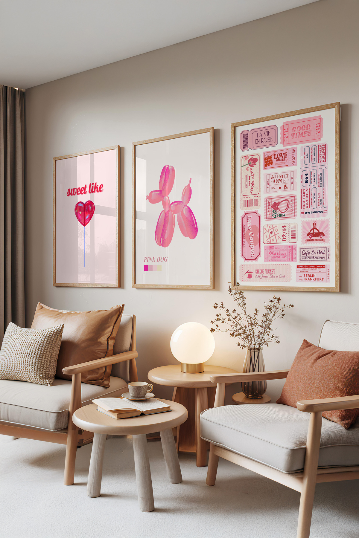 3-Piece Painting Set with Wooden Frame, Sweet Like – Pink Balloon Series, Young Room Set No: 30071