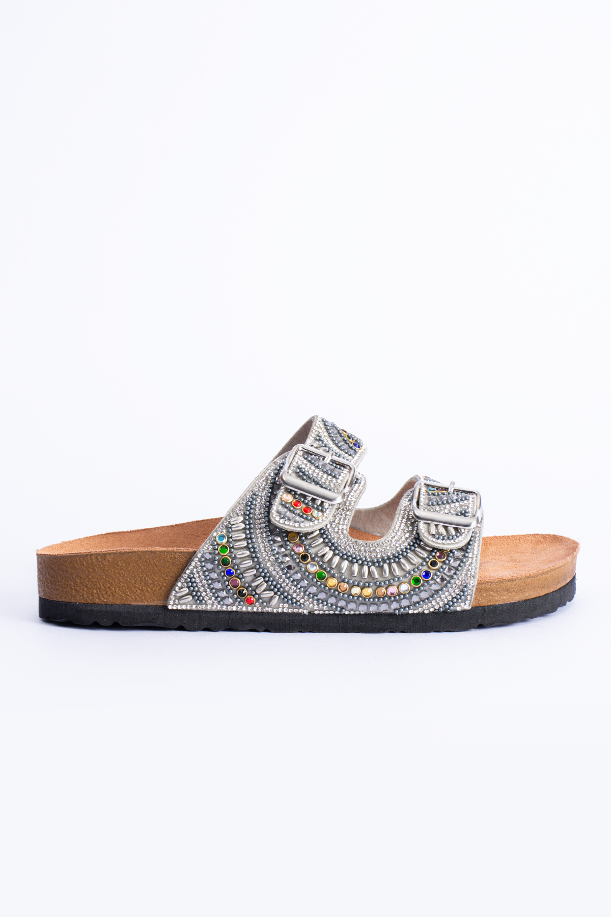 Sahara Women's Anatomical Eva Sole Comfort Stone Diamond Embroidered Double Band Buckle Casual Sandalwood Slippers