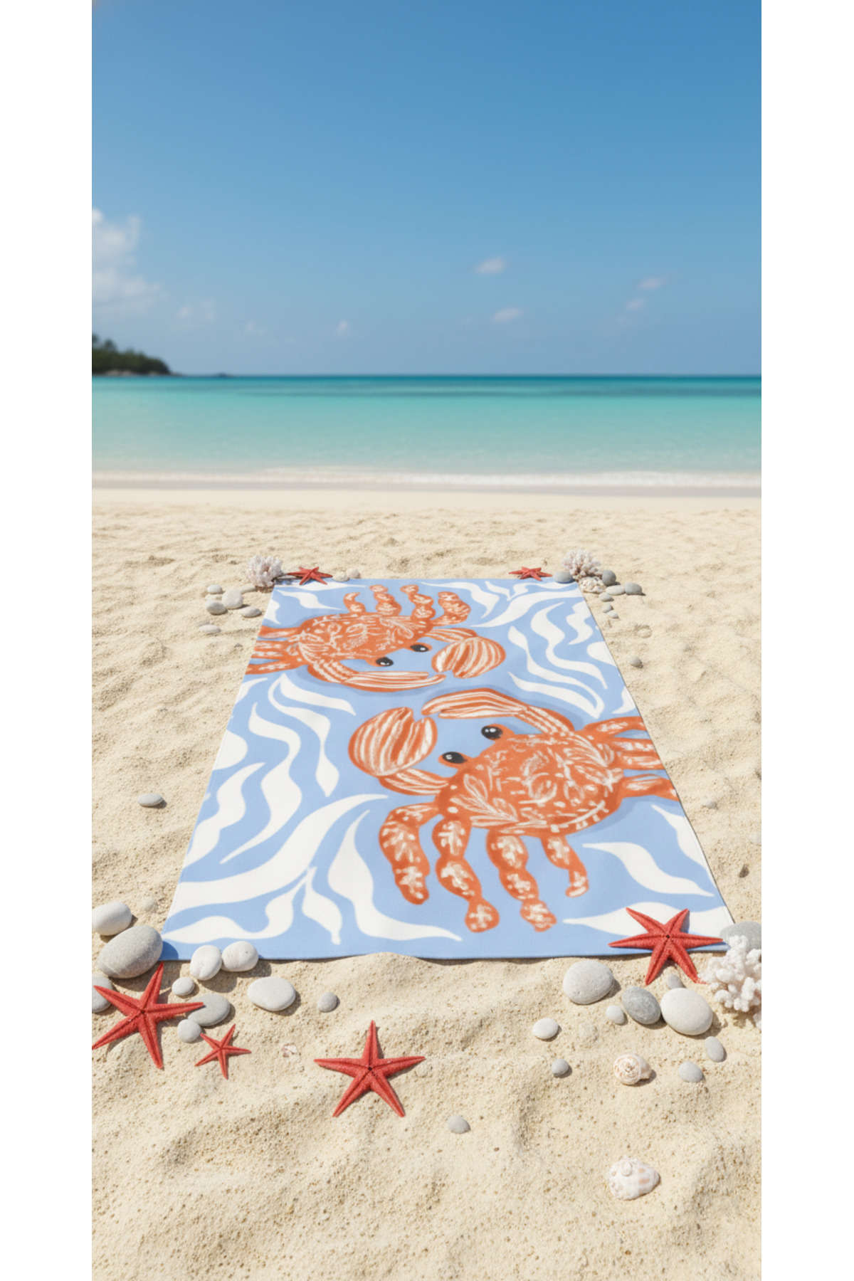 BETHA İKİ YENGEÇ DESENLİ Pamuk Plaj Havlusu – Desenli Tasarım – 75x150 cm