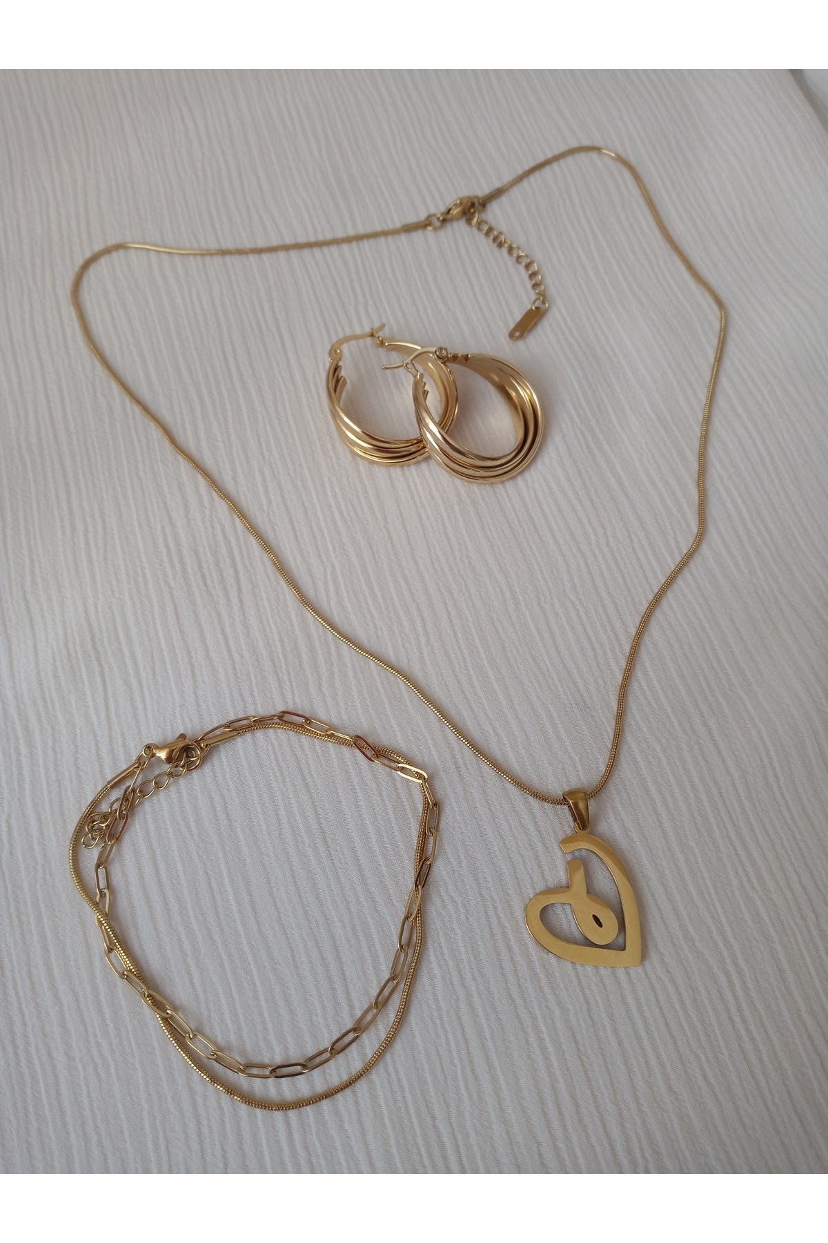 KobalBusiness Çelilk Set | Yuvarlak 45 cm Zincir | Kurdele Uçlu Çift Zincir Bileklik Küpe Set