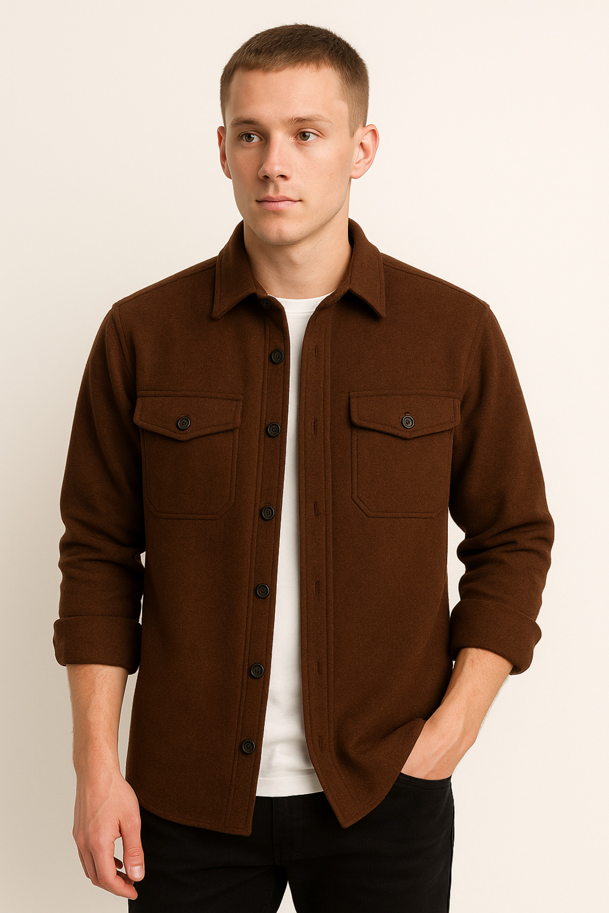 mavisima erkek giyimi  Erkek Kahverengi Kaşe Oduncu Tarzı Gömlek Ceket – Rahat Kalıp Yeni Sezon Kışlık Moda Trend - Görsel 5