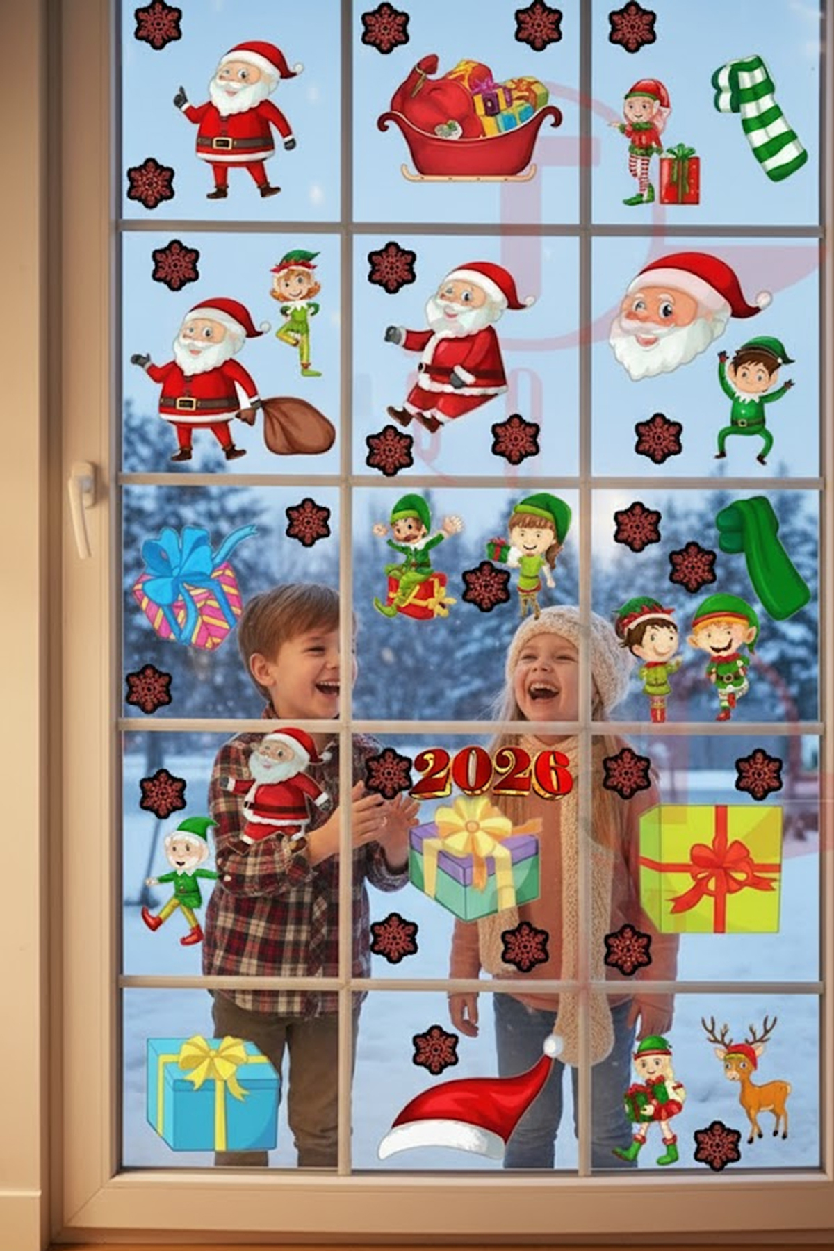 New Year Christmas Figures Welcome 2026 New Season Transparent Double Sided Glass Door Wall Sticker Set
