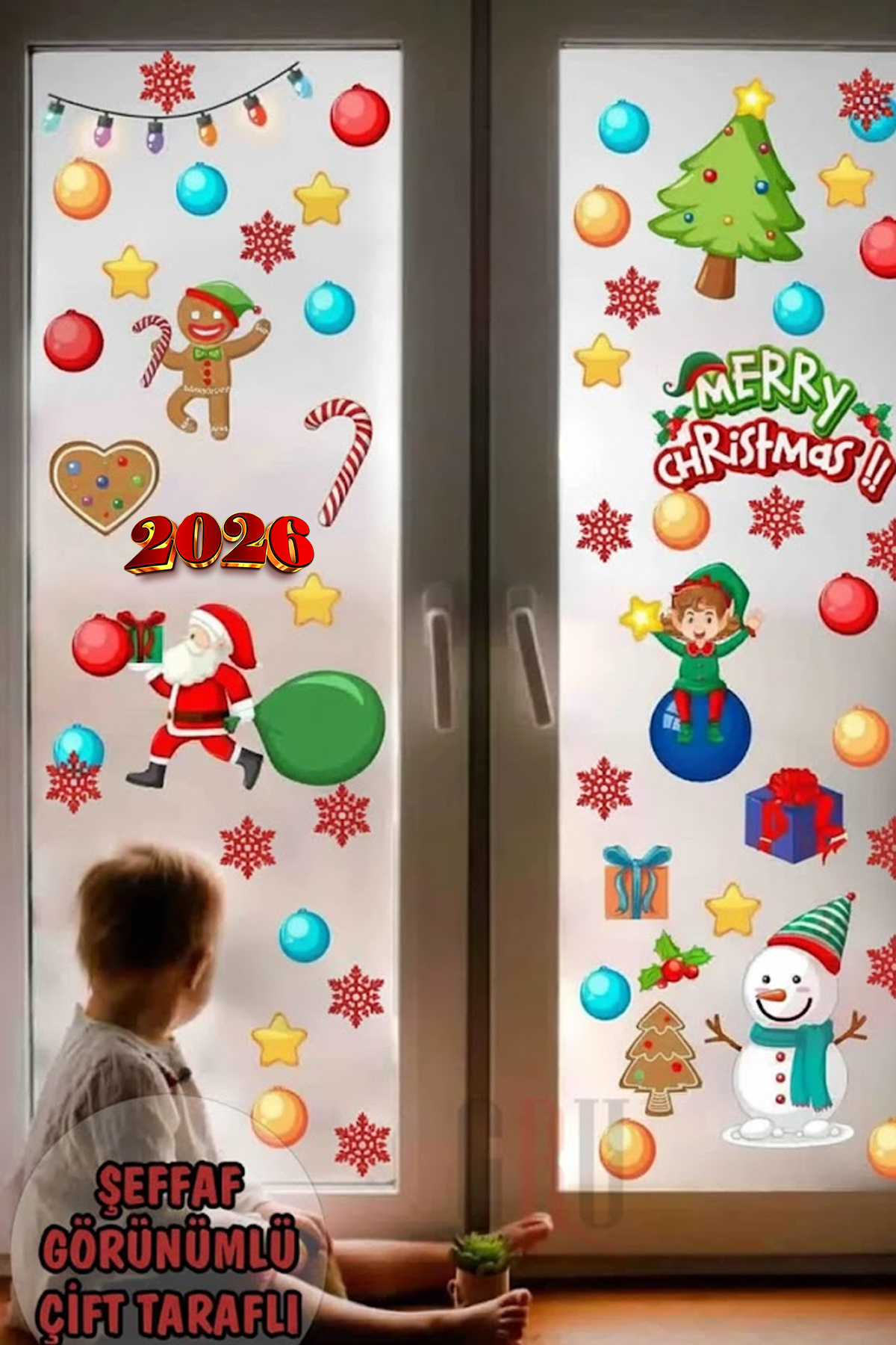 New Year Christmas Figures Welcome 2026 New Season Transparent Double Sided Glass Door Wall Sticker Set