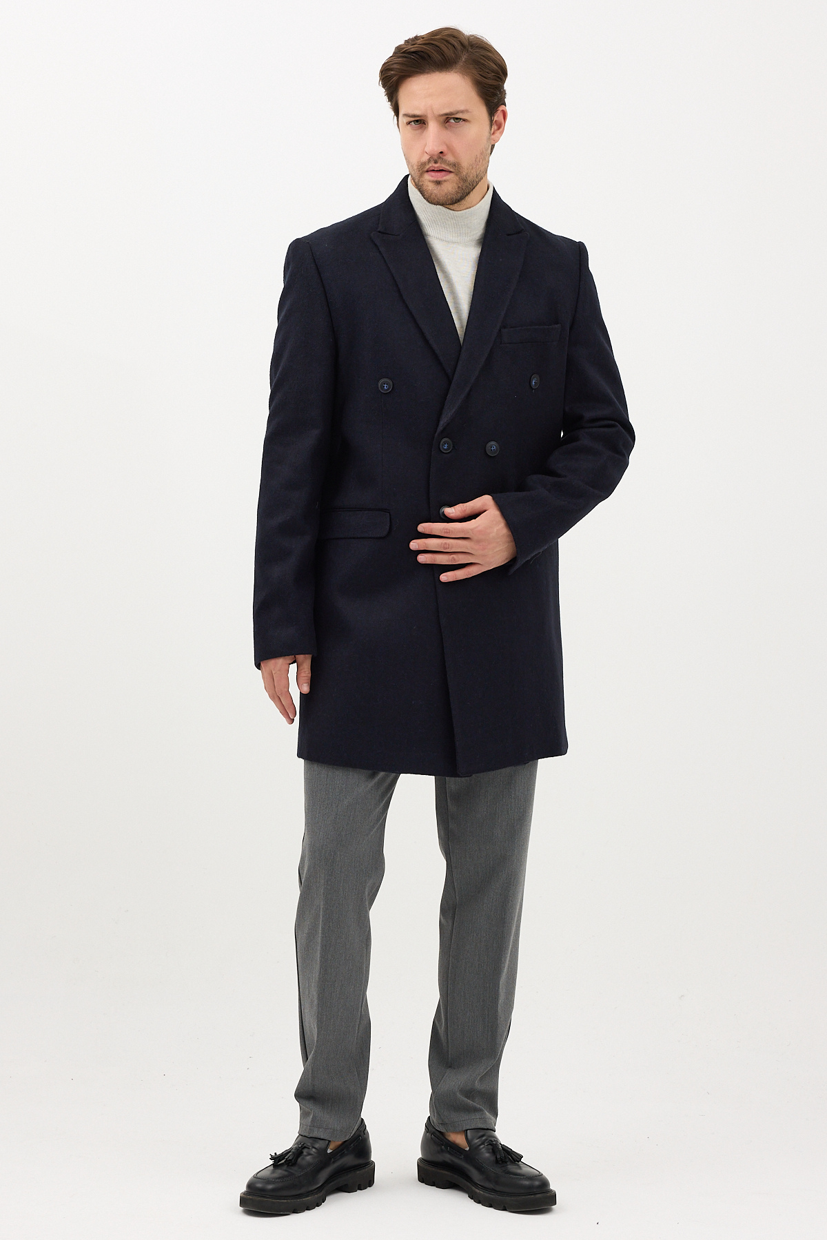 Frappoli  Pagano Erkek Koyu Lacivert Kruvaze Sivri Yaka Slim Fit Kaşe Kaban - Görsel 7