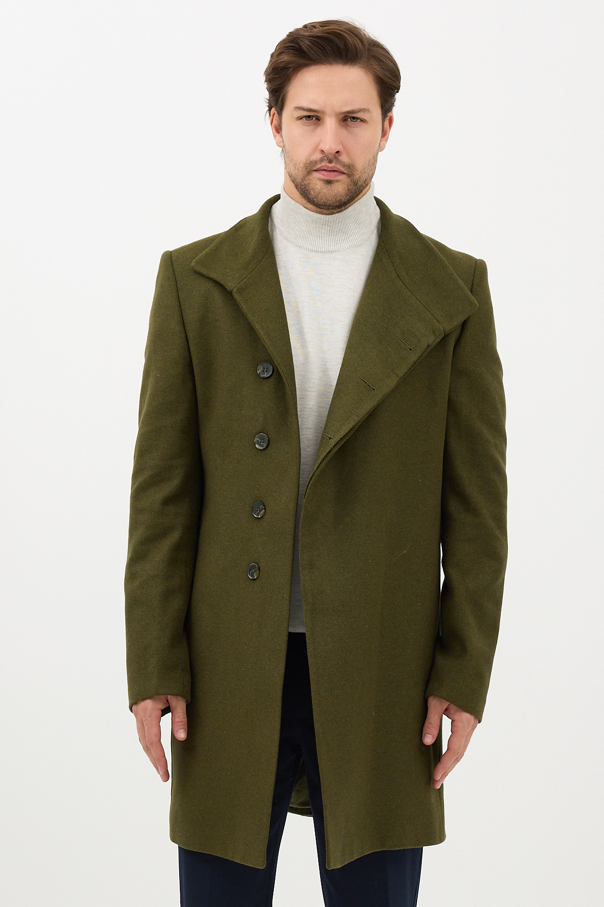 Frappoli  Pagano Erkek Haki Şal Yaka Slim Fit Kaşe Kaban - Görsel 5