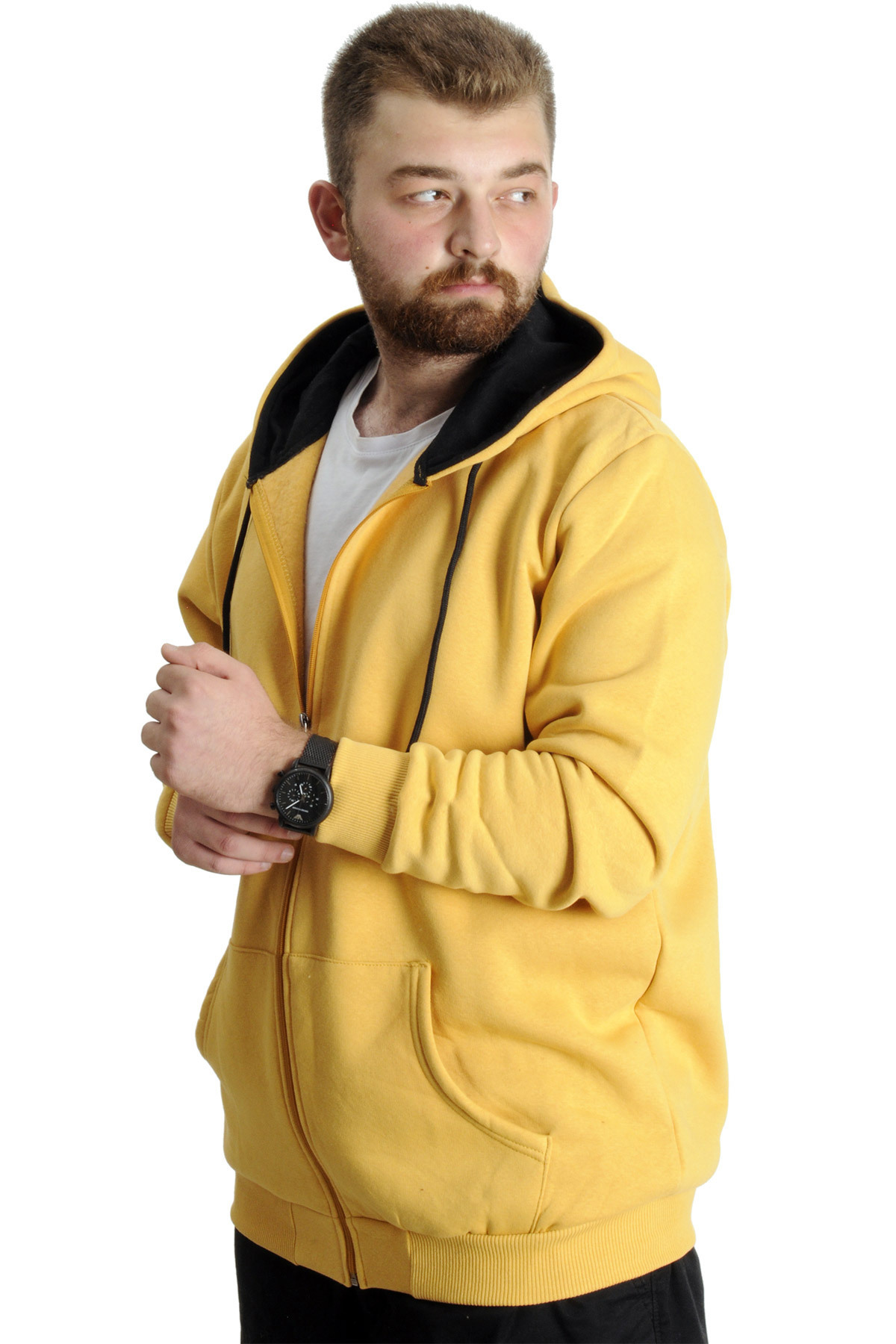 ModeXL Büyük Beden Erkek Sweat Kapüşonlu Fermuarlı Outsider 23547 Hardal görsel 2