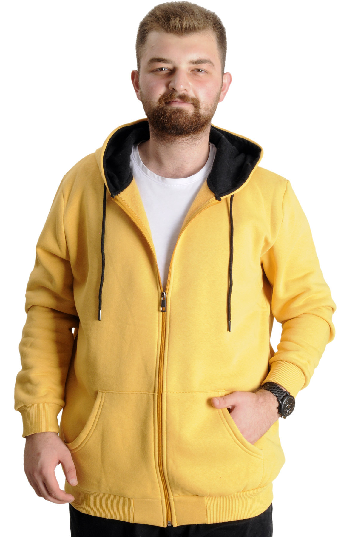 ModeXL Büyük Beden Erkek Sweat Kapüşonlu Fermuarlı Outsider 23547 Hardal