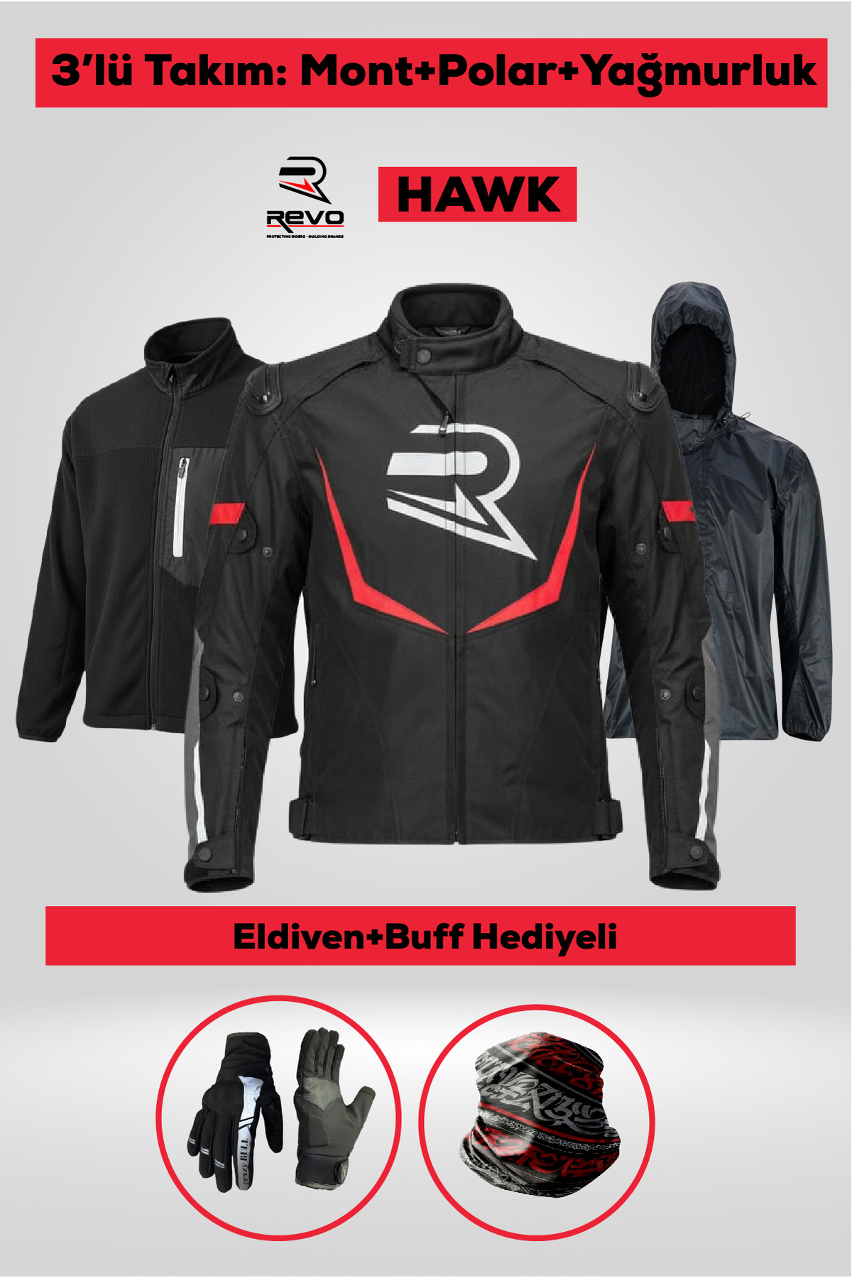REVO HAWK Kırmızı 3 Katmanlı 4 Mevsim Unisex Motosiklet Montu + ELDİVEN VE BUFF HEDİYELİ
