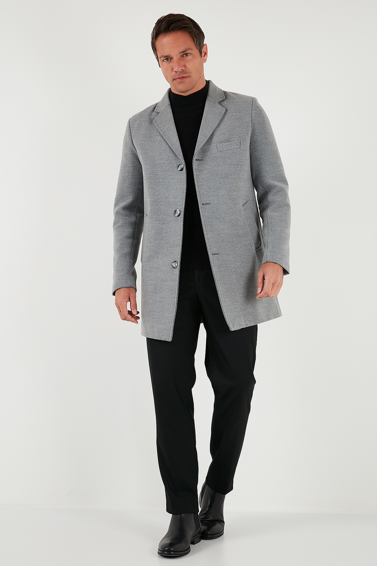 بوراتی پالتو مردانه کشمیری یقه تک دکمه‌ای اسلیم فیت، تک چاک، کد ۵۸۴۰۰۹۸