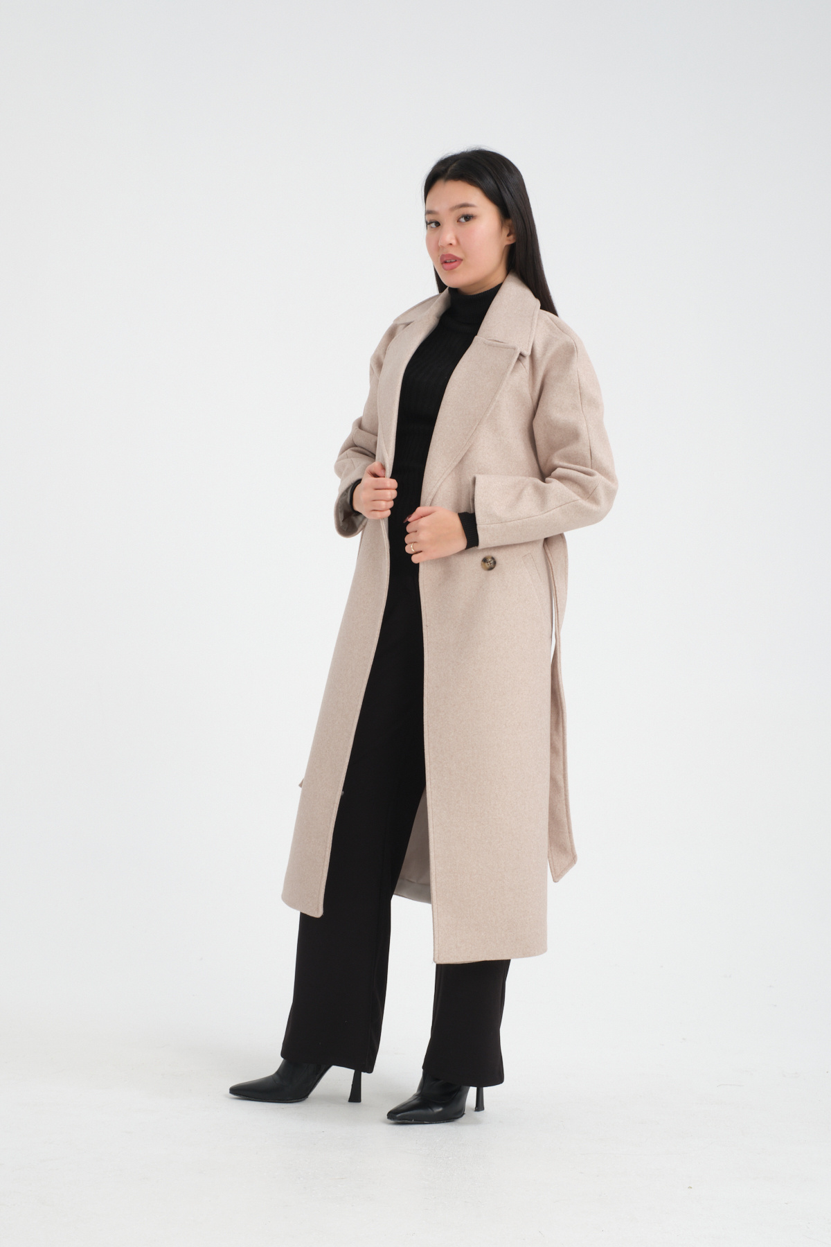 Soydan Güner  Oversize Kruvaze Reglan Kol Ara Boy (120 CM) Kaban Bej 1280 - Görsel 5