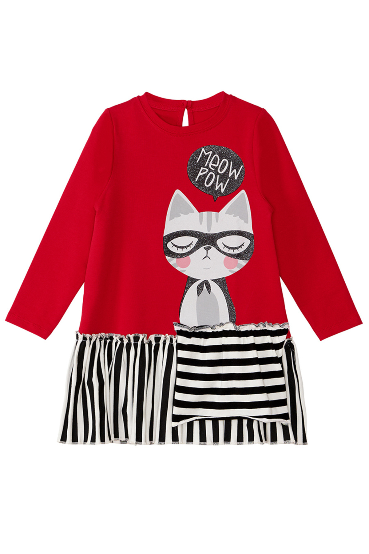 MSHB&G Czerwona sukienka dziewczęca z długimi rękawami i falbankami w paski Red Meow Pow