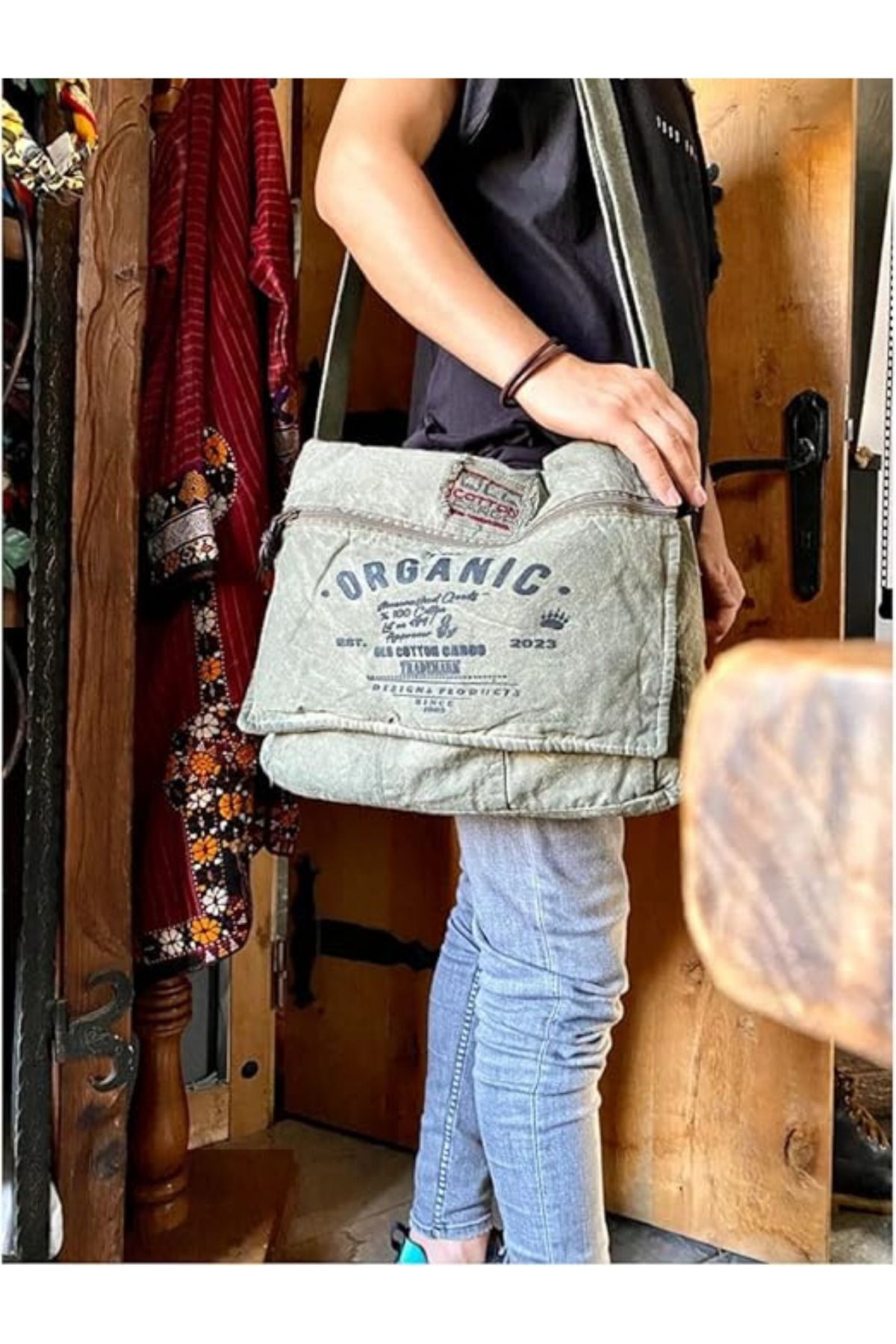 Old Cotton  Salaş Omuz Çantası Pamuk Postacı Laptop Okul Seyahat Günlük Vintage Retro - Mulater Bag 8128 - Görsel 5