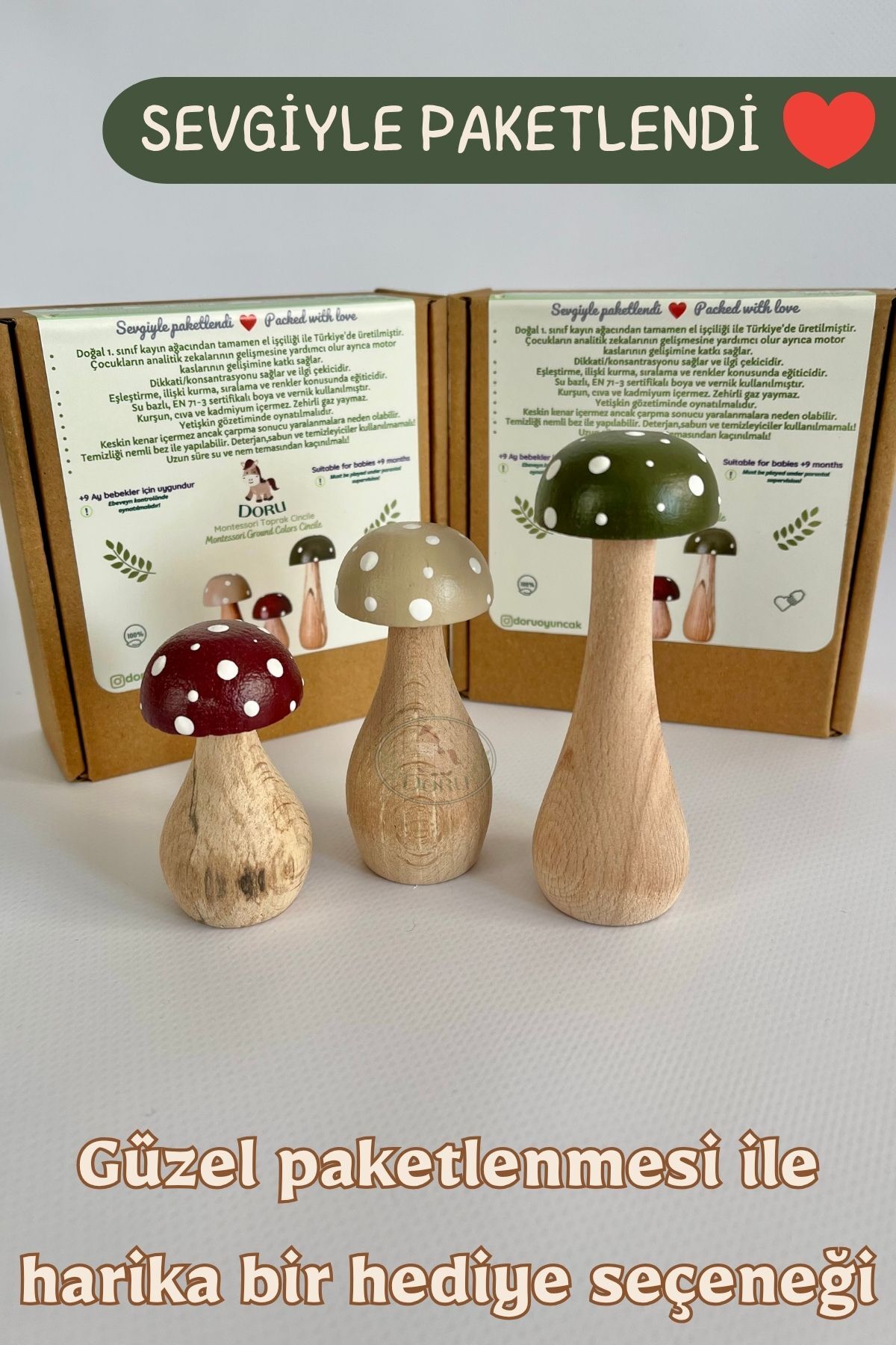 DORU Waldorf 3'lü Minik Doğal Organik Ahşap Mantar Oyuncak Seti Dekor Fotoğraf Çekimi Bebek Odası fotoğrafı 4 (önizleme)