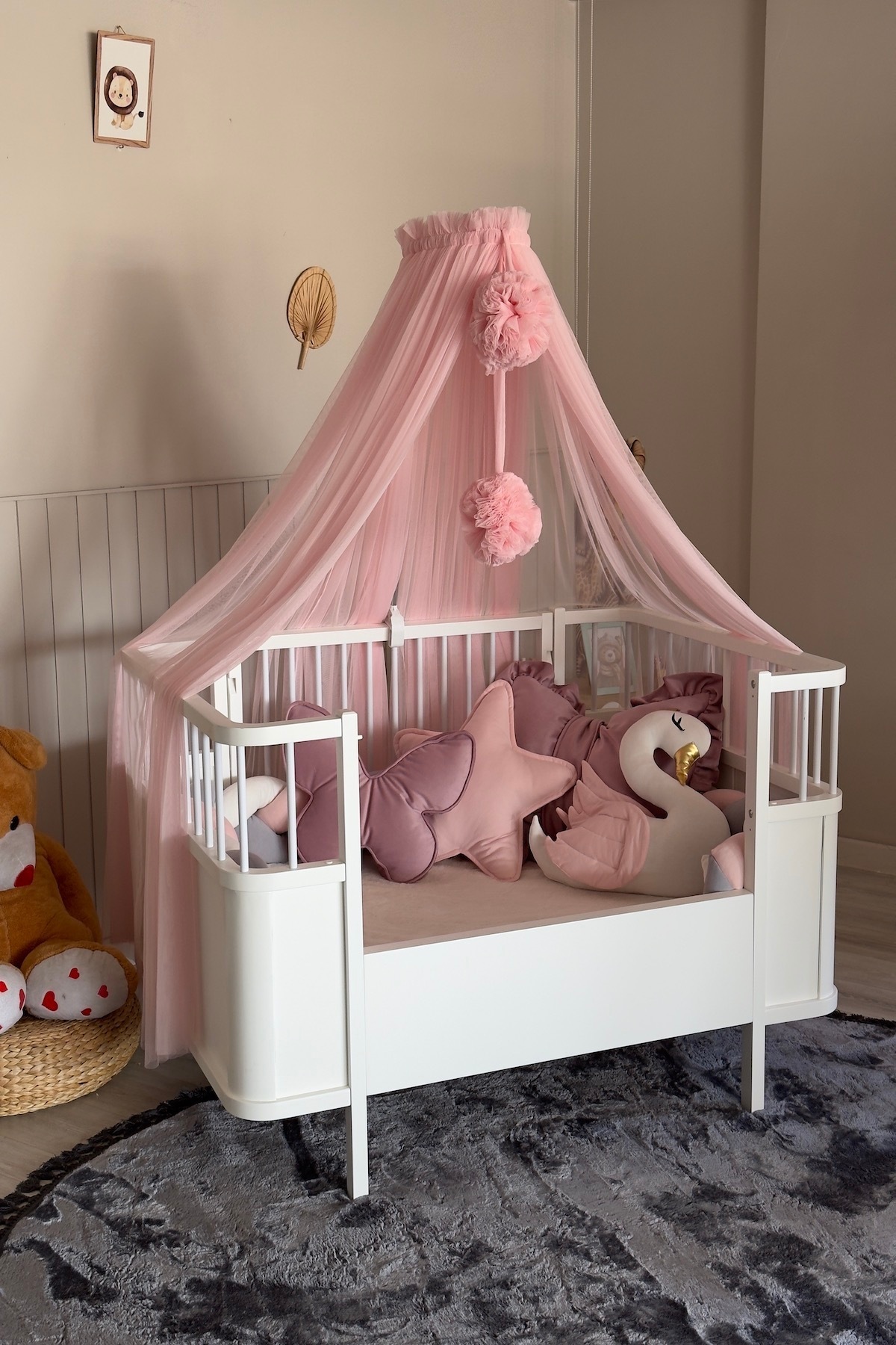 Pastelya Toz Pembe Bebek Beşik Cibinliği Yumuşak Pürüzsüz Tül Sineklik Aparatlı Cibinlik fotoğrafı 4 (önizleme)