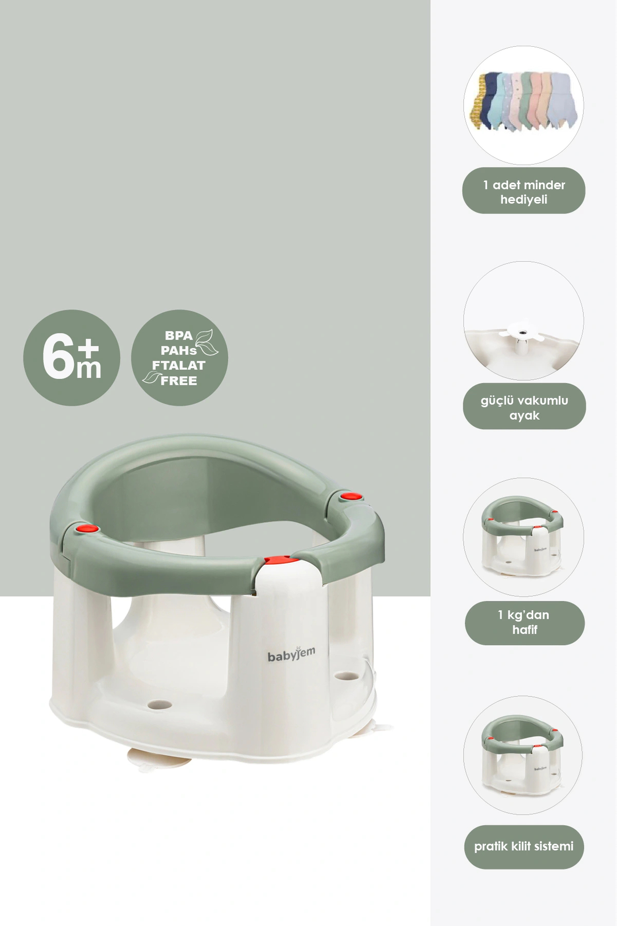 Babyjem Önden Açılır Banyo ve Mama Oturağı ve Hediye Minderli - 2 ' Li Set Soft Yeşil fotoğrafı 2 (önizleme)