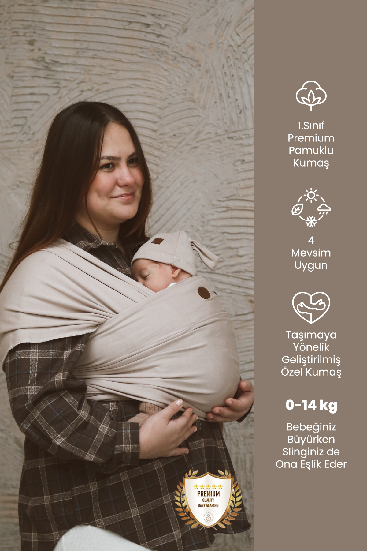 ilays beauty Premium Birinci Sınıf Pamuklu Esnek Wrap Sling Vizon (BABYWEARİNGE ÖZEL ÜRETİM KUMAŞ)
