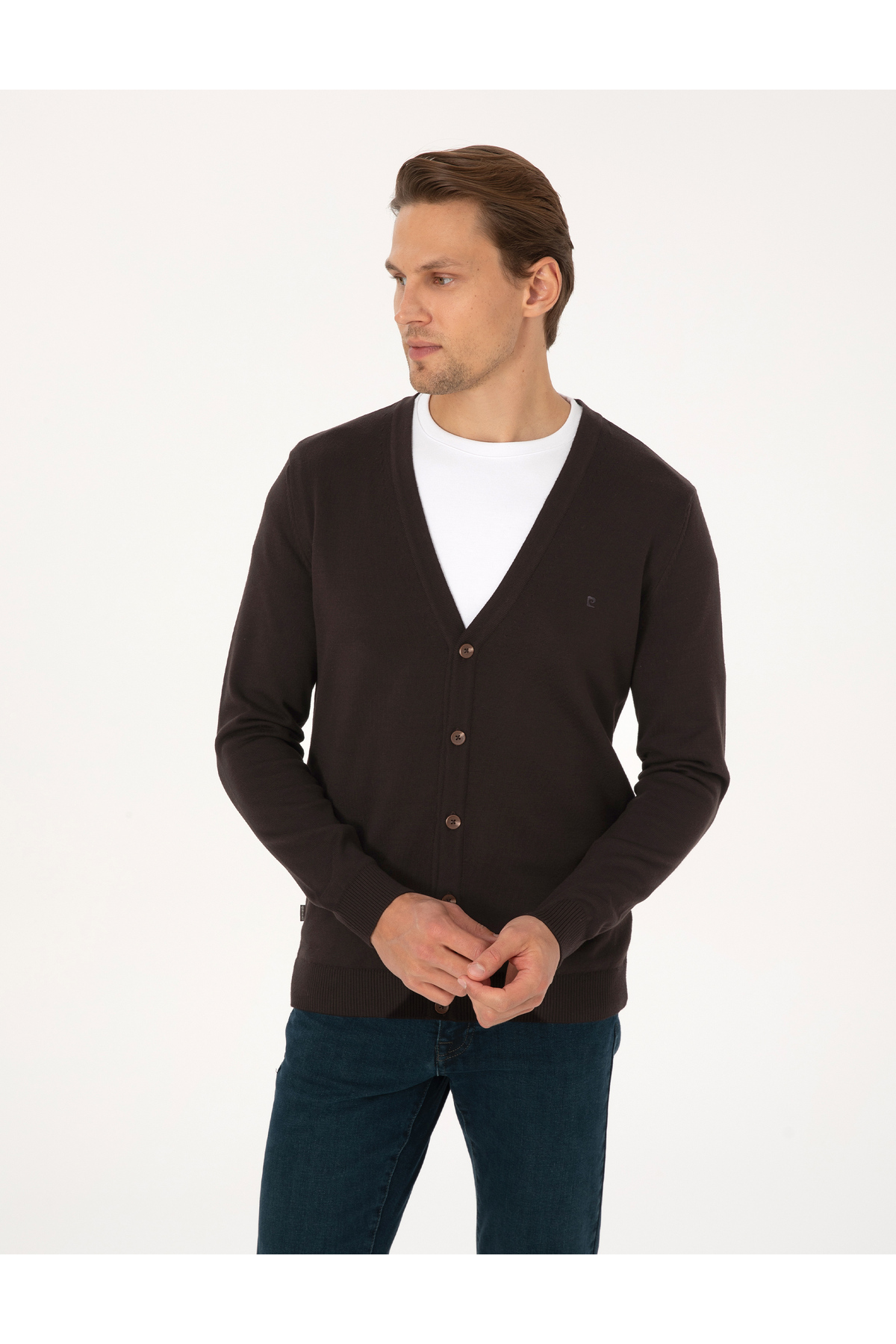 Pierre Cardin  Koyu Kahverengi Slim Fit Basic Düğmeli Triko Hırka 50317330-VR084 - Görsel 3