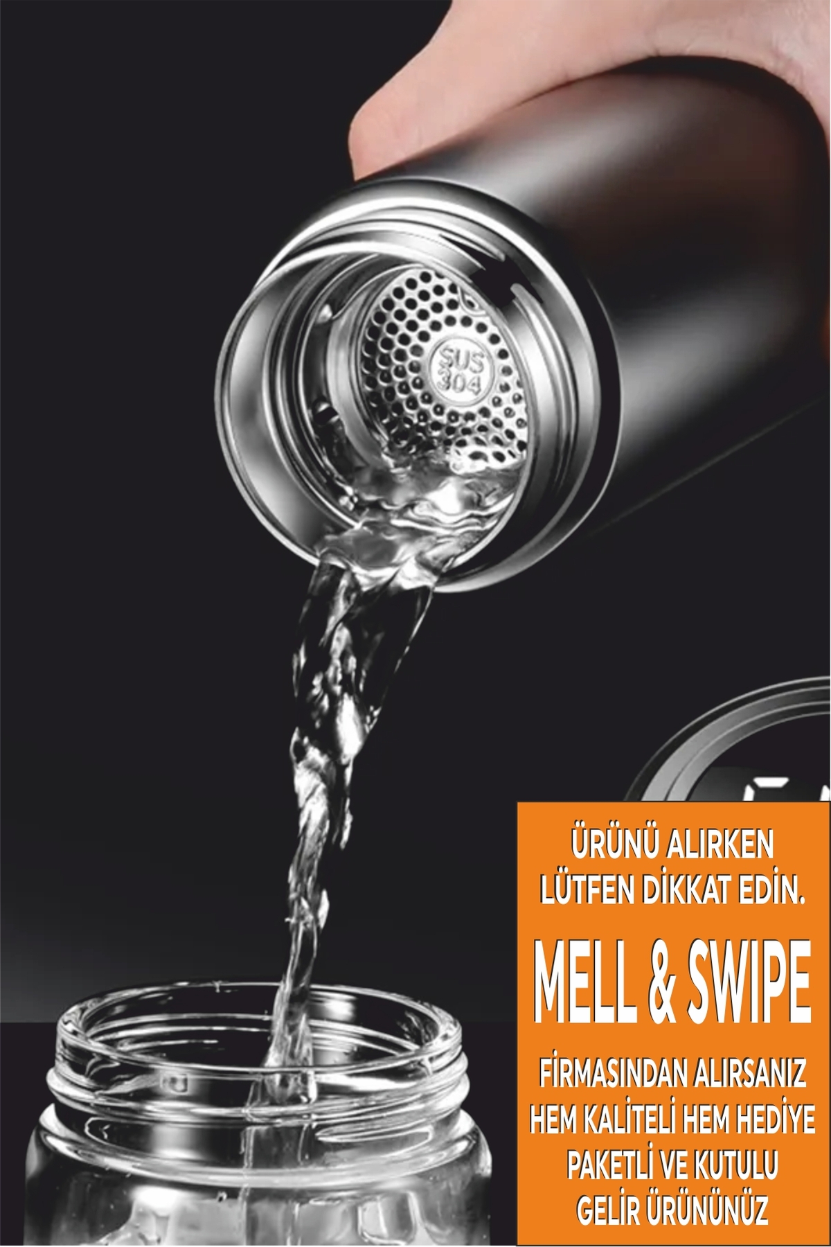 MIL SWIPE Siyah Dereceli Çelik Dijital Led Sıcaklık Göstergeli Akıllı Termos Matara Isim Baskılı 500ml fotoğrafı 3 (önizleme)
