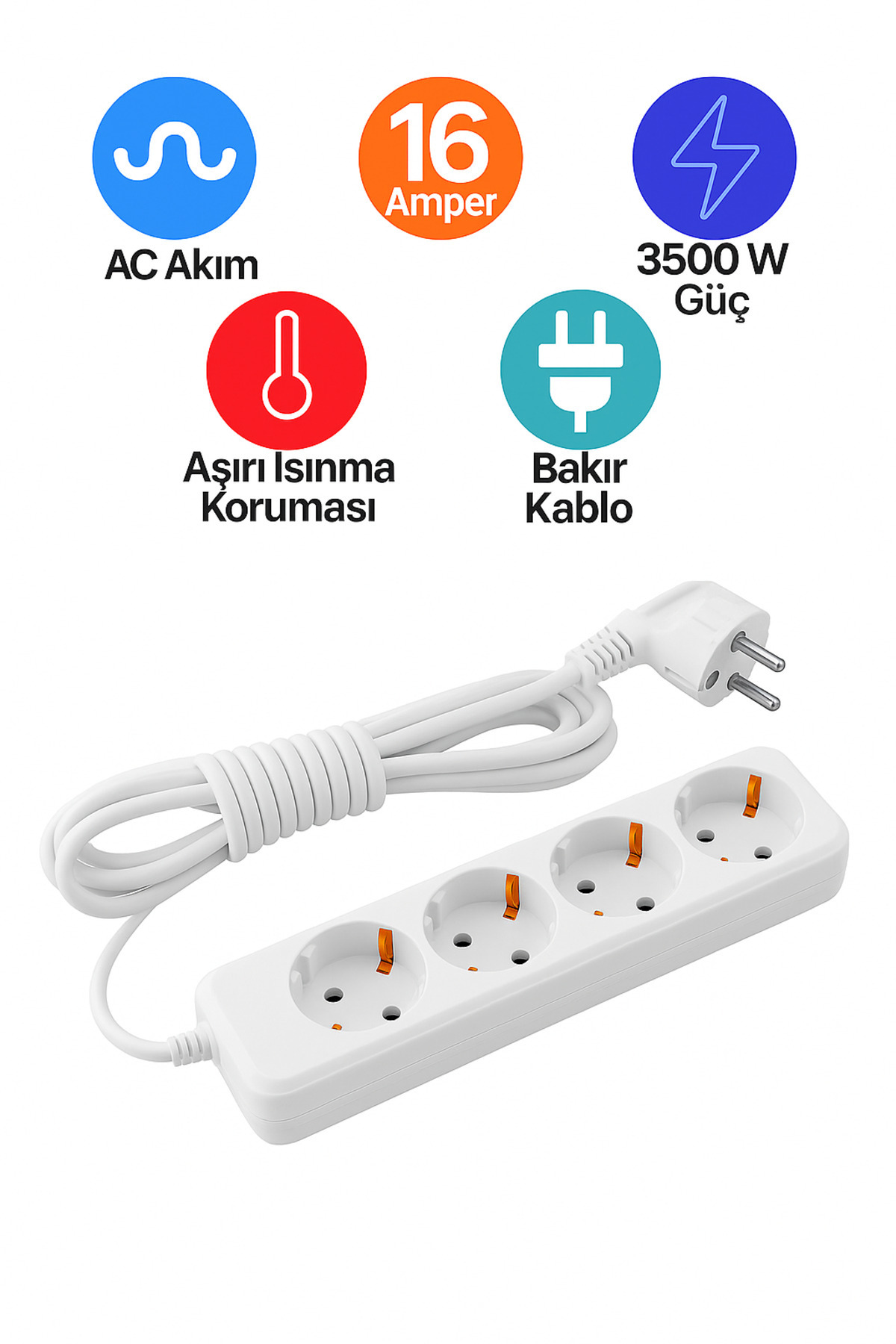 REYYEN 4'lü Grup Çoğaltıcı Priz 3 Metre Uzatma Kablosu 3x1 mm2 (%100 Bakır Ünal Kablo)