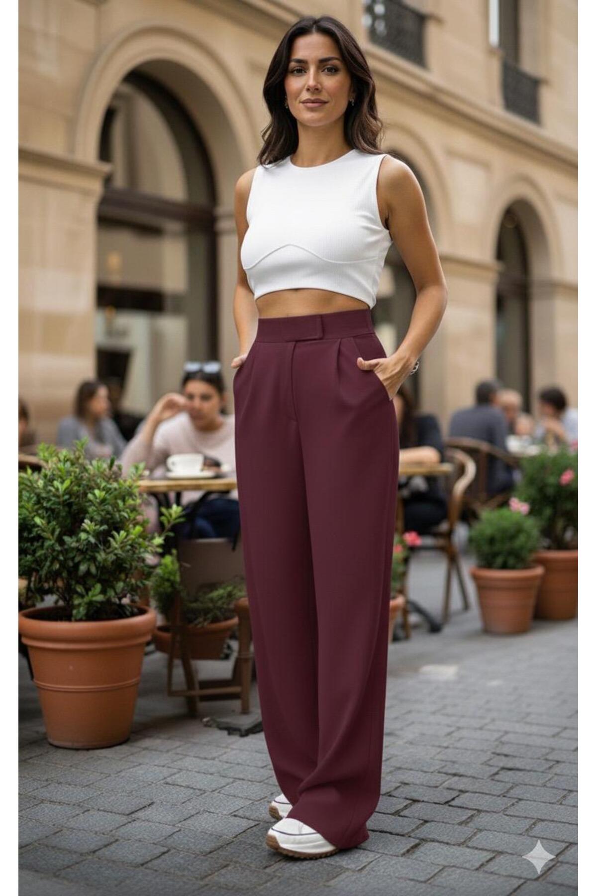 BURGUNDY SCUBA PANCAKE FRONT PLEATED WAIST strap CLOSURE PALAZZO PANTS(launch price for a short time)