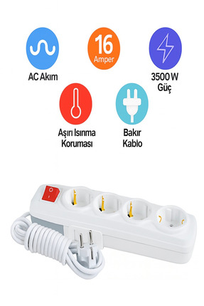 REYYEN Far 4’lü Anahtarlı 5 Metre Çocuk Korumalı Uzatma Ara Kablosu Bakır Gru...