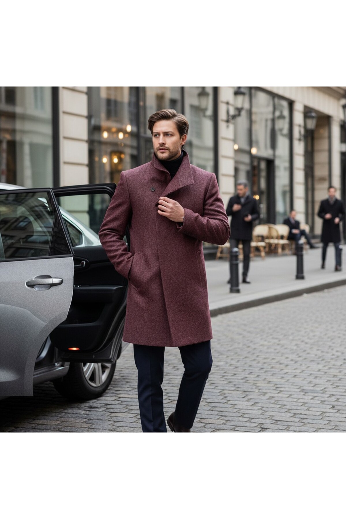 Frappoli Liberto Erkek Bordo Şal Yaka Slim Fit Kaşe Kaban