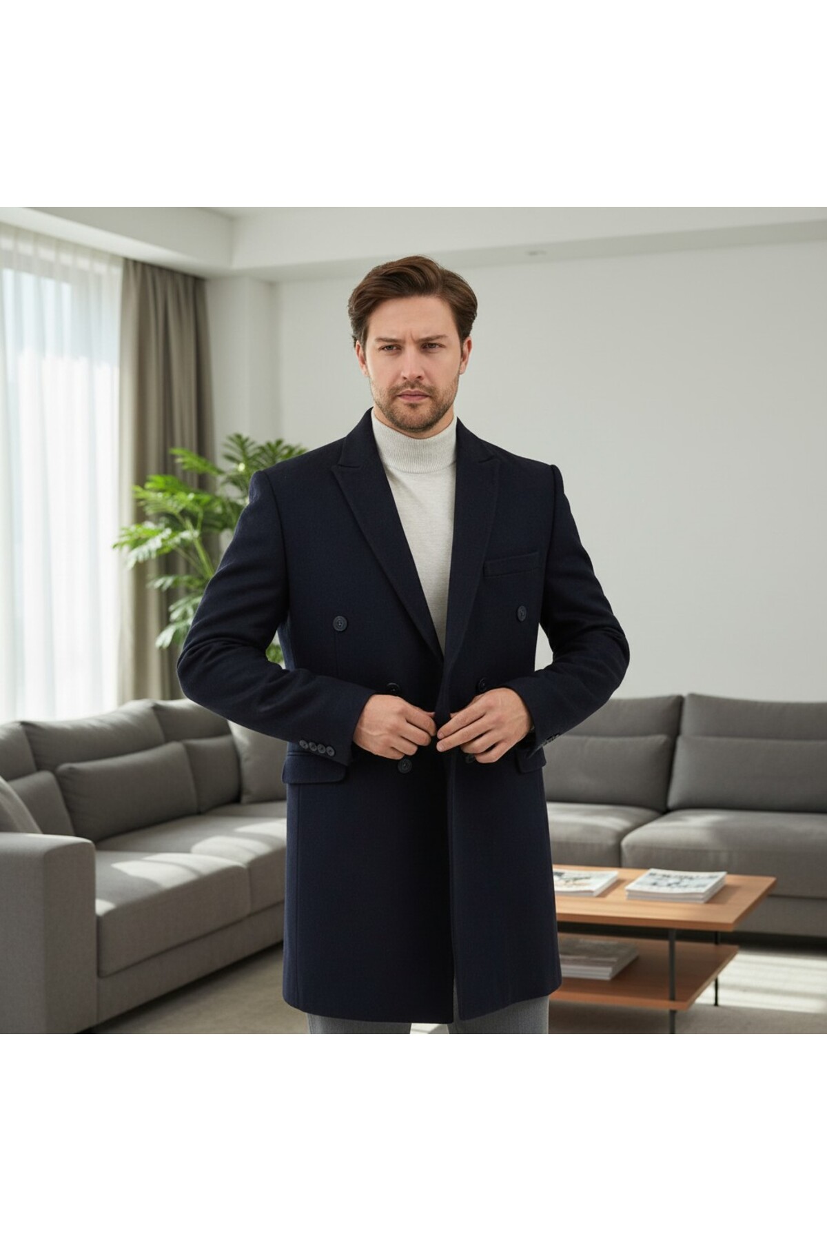 Frappoli  Pagano Erkek Koyu Lacivert Kruvaze Sivri Yaka Slim Fit Kaşe Kaban - Görsel 2