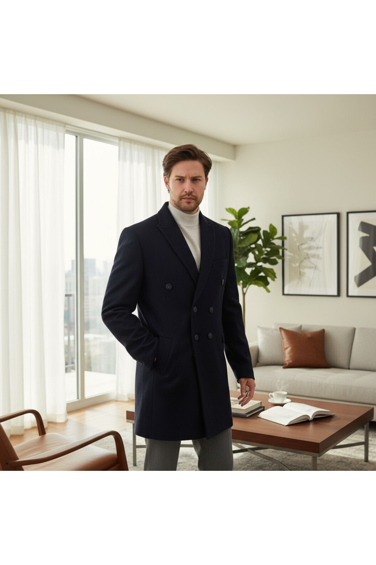 Frappoli  Pagano Erkek Koyu Lacivert Kruvaze Sivri Yaka Slim Fit Kaşe Kaban