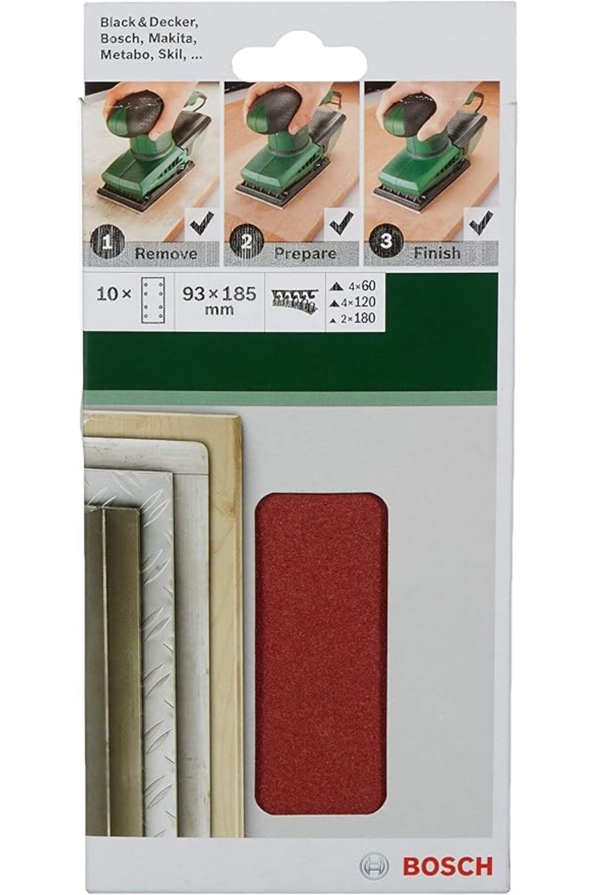 SoyluhanStore Titreşimli Zımpara Kağıdı 10'lu Set, 93, 185 mm 60/120/180 Kum 8 Delik, Gri