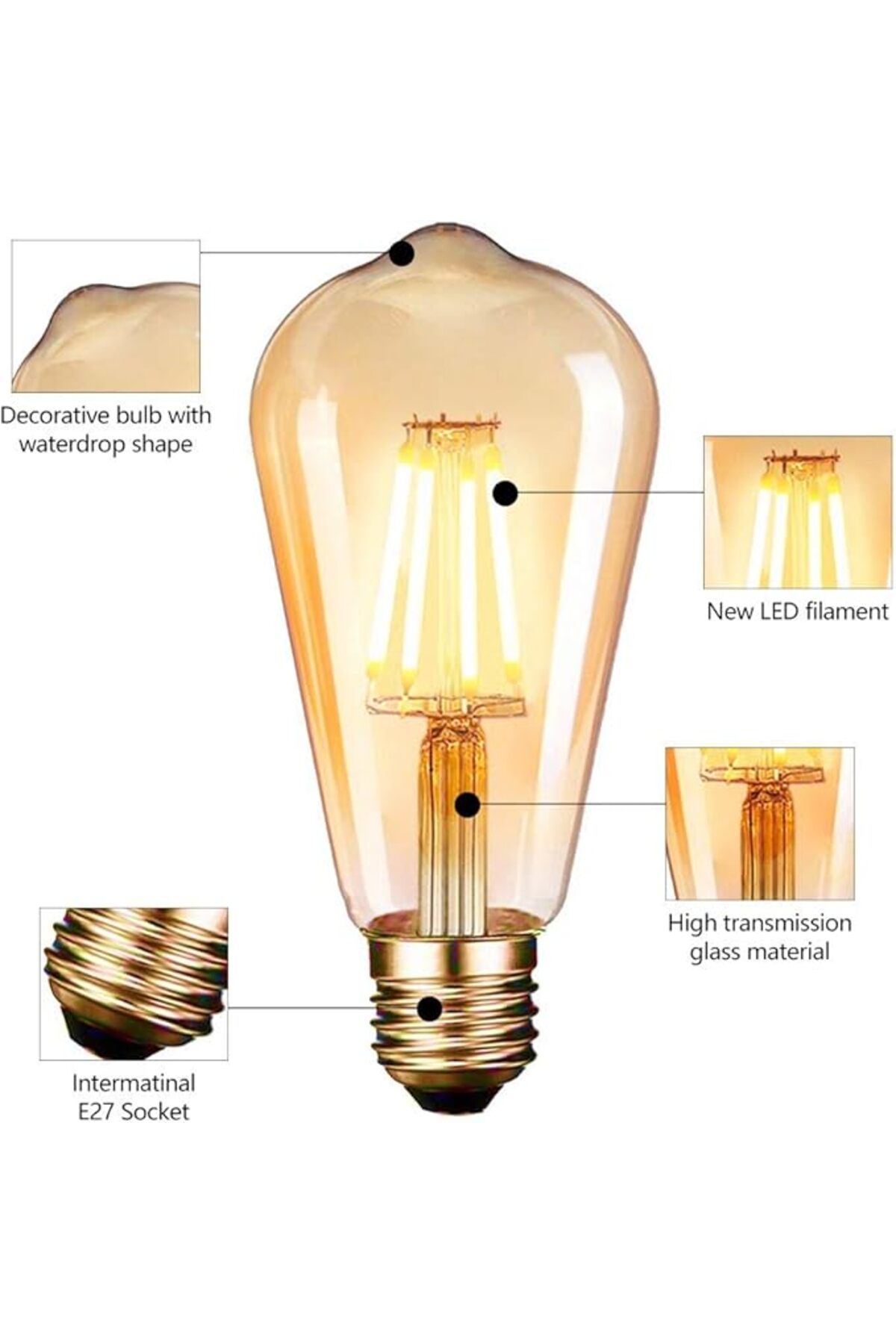 6 verpakkingen, led-, E27-, Edison retro led-, T30, led, lange buis, 4W40 W, 400 lm, warmwit, 2700 K, niet dimbaar