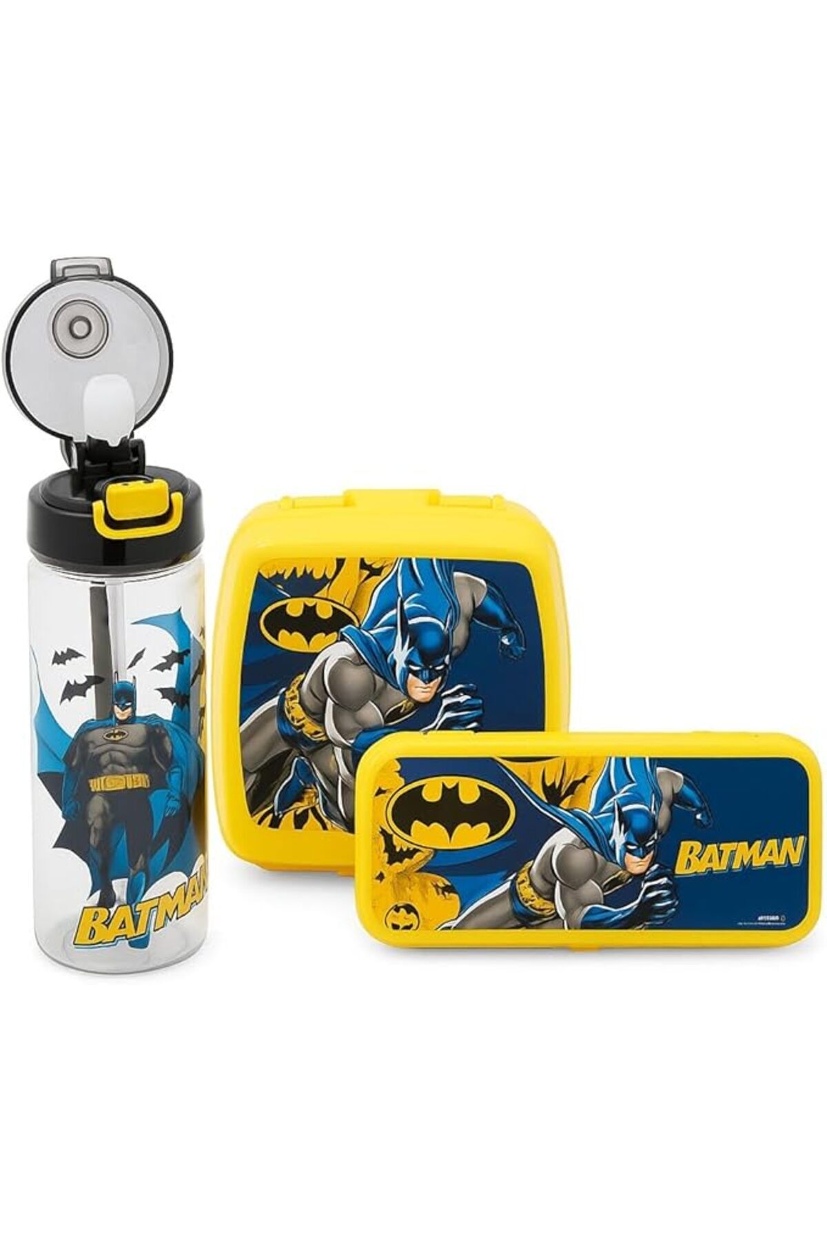 yenibagshop Mark Batman Lisanslı Okul Seti; 500 ml Matara, Beslenme Kutusu, Kalem Kutusu