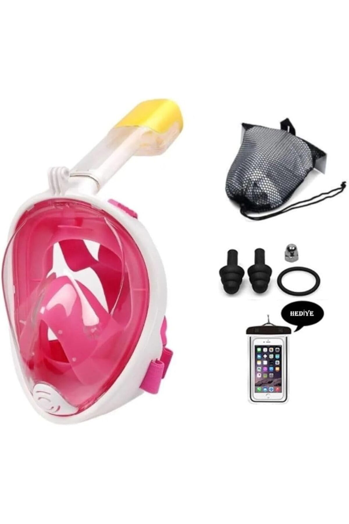 yenibagshop Yüz Dalış Maskesi Buğu Önleyici Şnorkel Fullface Yüzücü Maskesi Pembe