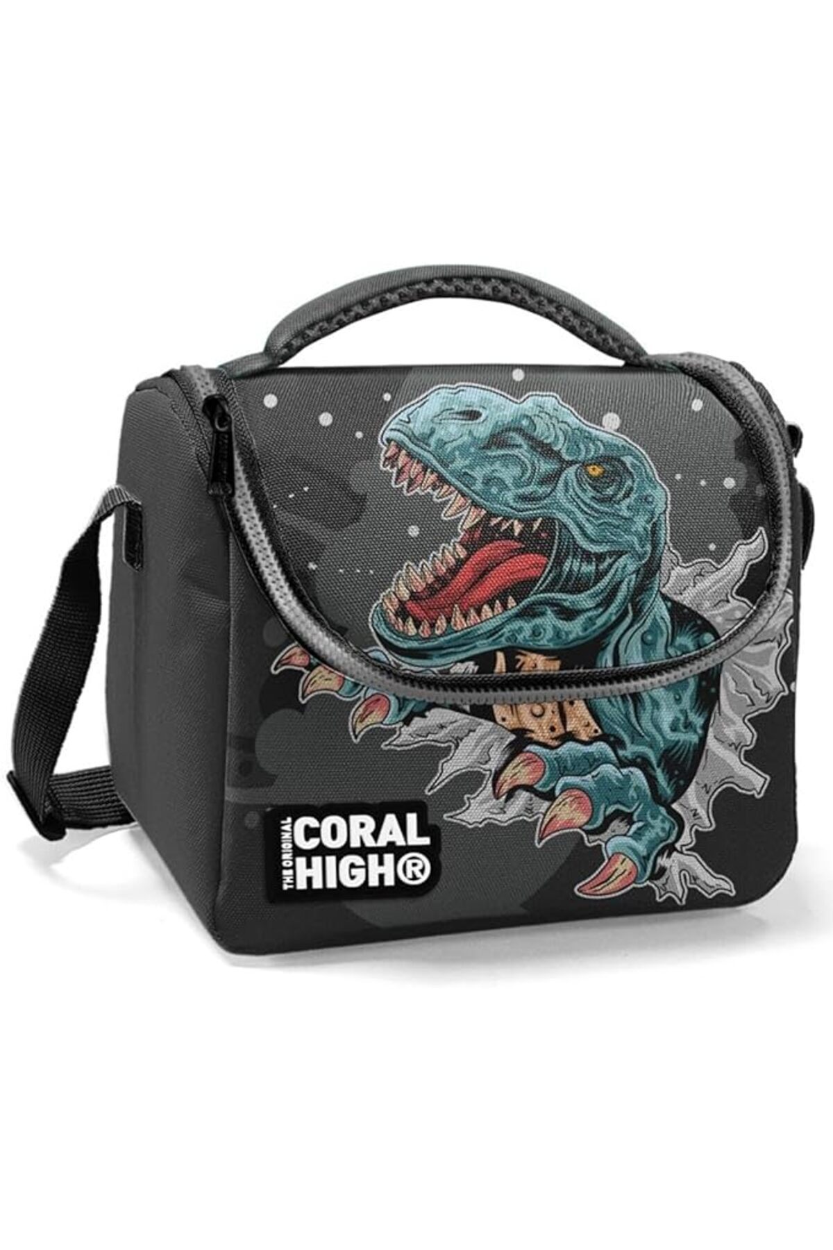 yenibagshop High Erkek Okul Okul Beslenme Çantası - Siyah Gri Dinazor - Termal Astarlı