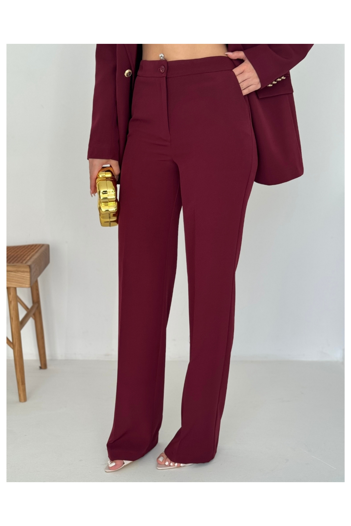 Kadın Bordo Kruvaze düğmeli Blazer Ceket Pantolon Takım