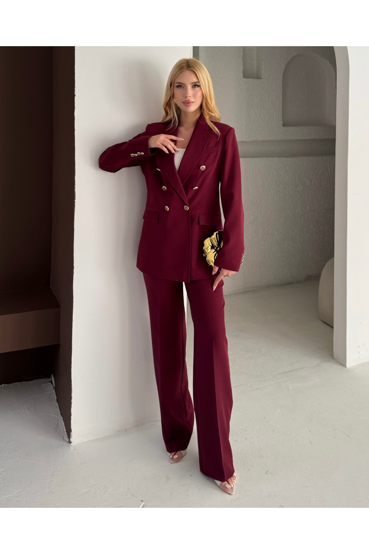 Kadın Bordo Kruvaze düğmeli Blazer Ceket Pantolon Takım
