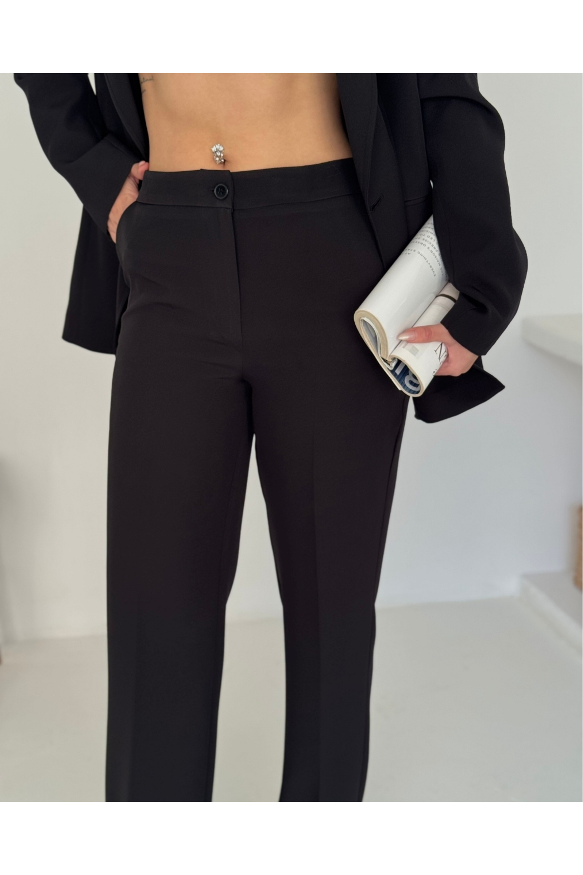 Kadın Siyah Kruvaze düğmeli Blazer Ceket Pantolon Takım