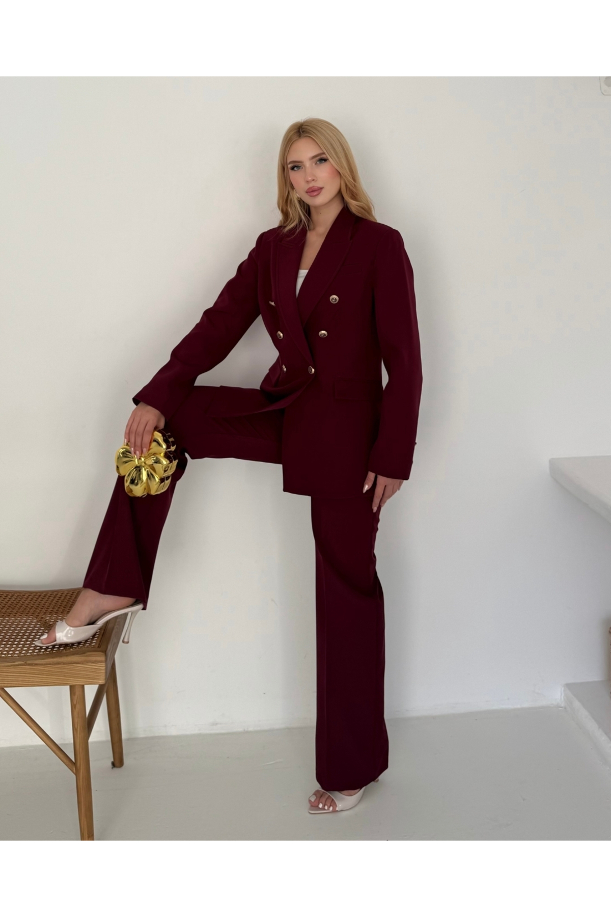 Kadın Bordo Kruvaze düğmeli Blazer Ceket Pantolon Takım