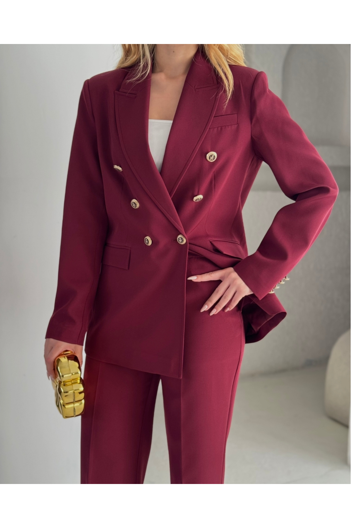 Kadın Bordo Kruvaze düğmeli Blazer Ceket Pantolon Takım