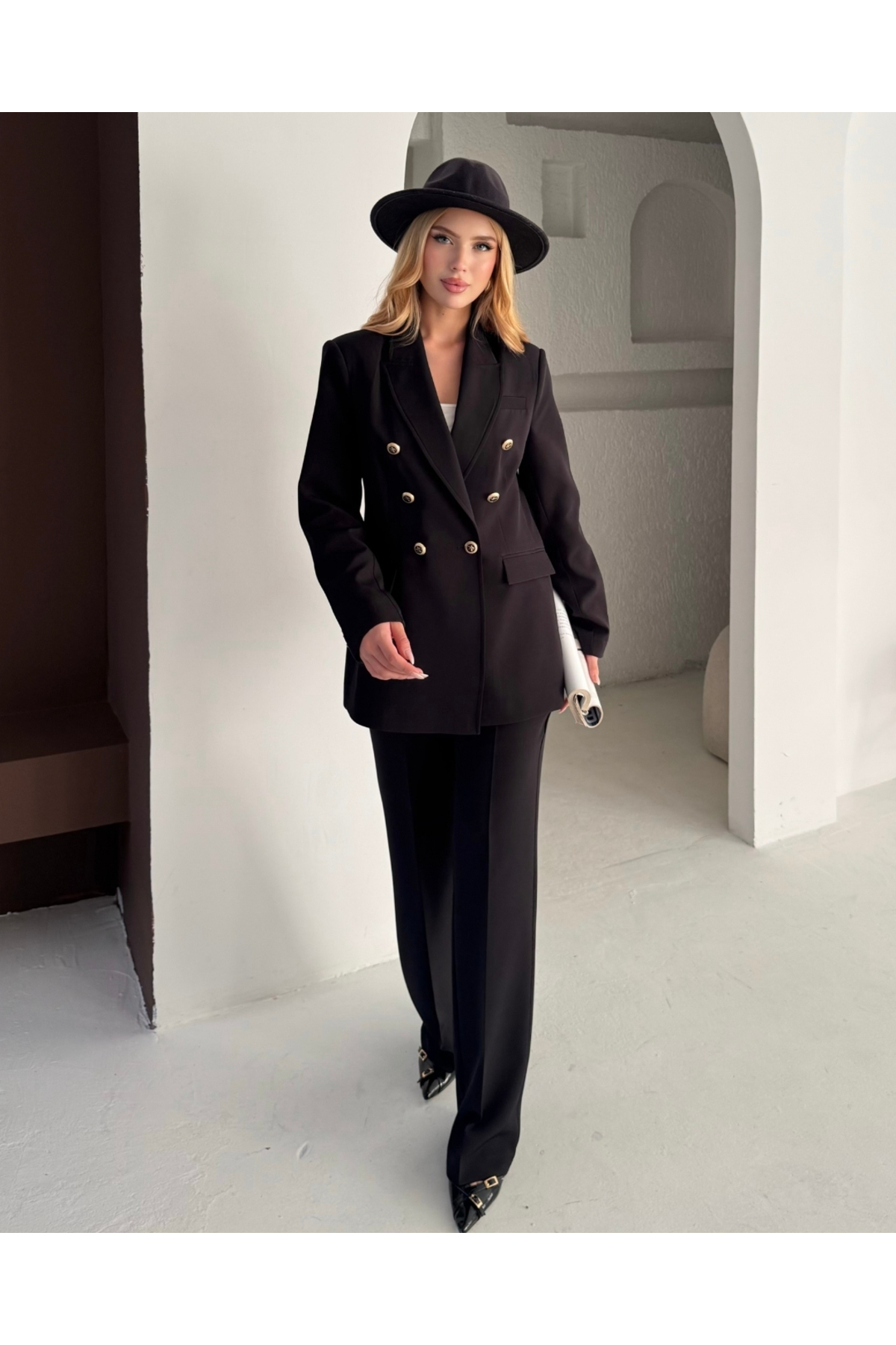 Kadın Siyah Kruvaze düğmeli Blazer Ceket Pantolon Takım