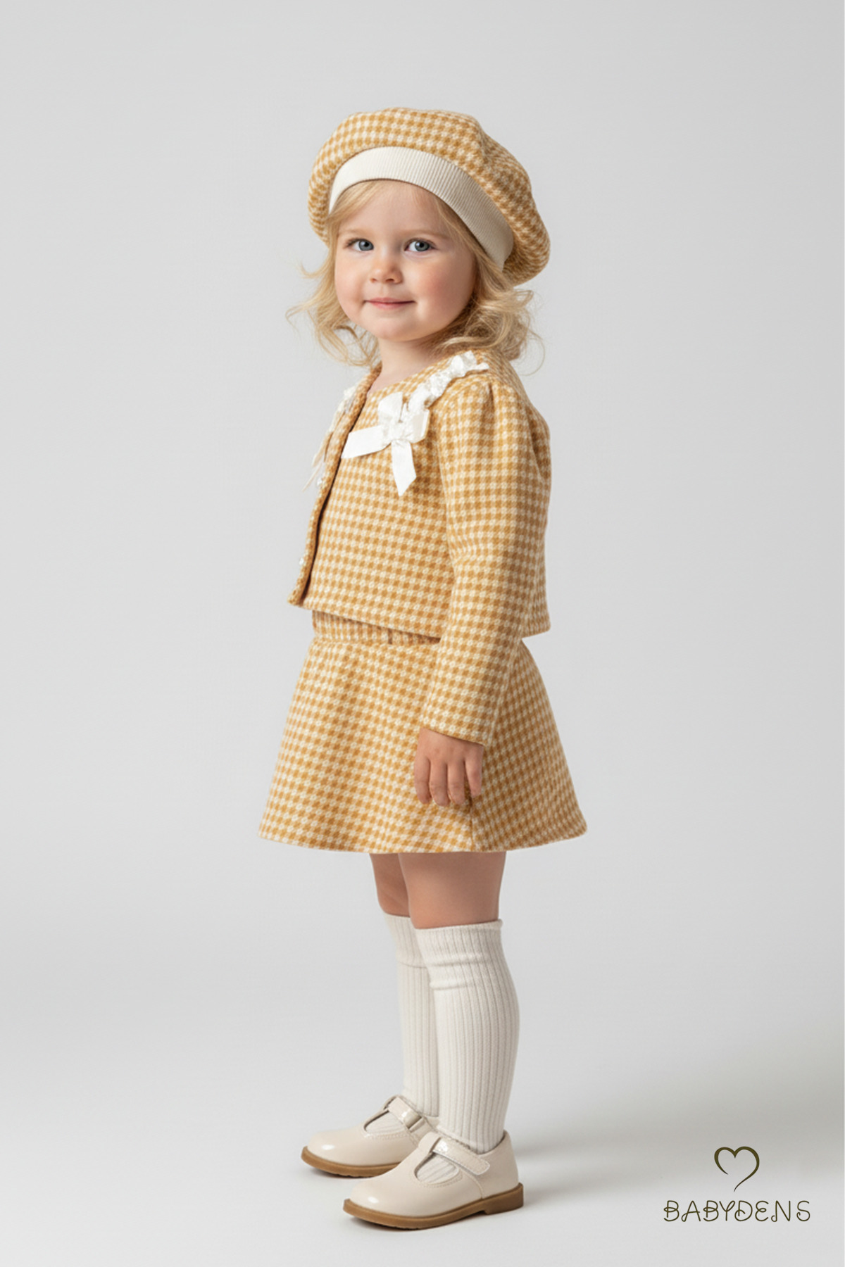 BABYDEN'S Kız Bebek Kışlık Elbise Etek Ceket Şapka Takımı,Oduncu Kumaş Baharlık 3’lü Kombin Düğme ve Fiyonklu fotoğrafı 3 (önizleme)