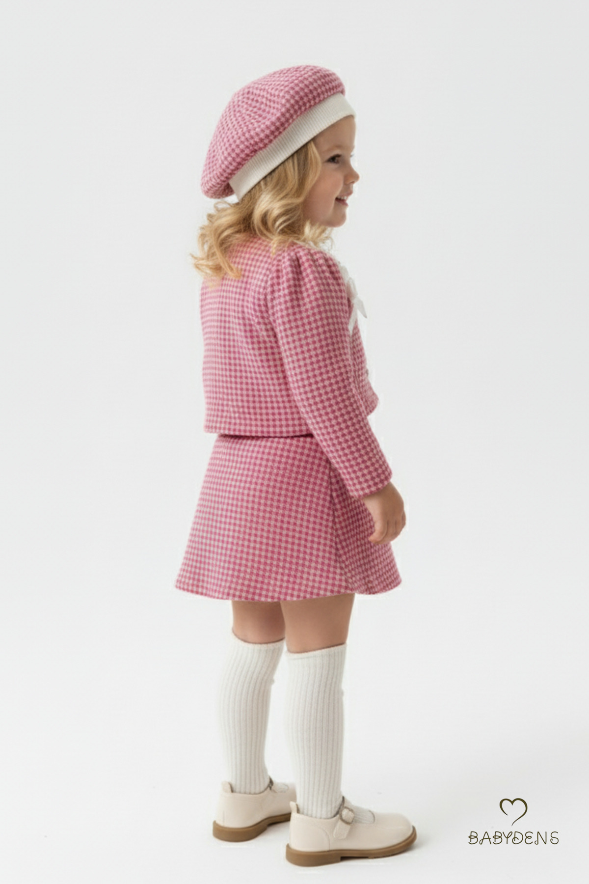 BABYDEN'S Kız Bebek Kışlık Elbise Etek Ceket Şapka Takımı,Oduncu Kumaş Baharlık 3’lü Kombin Düğme ve Fiyonklu fotoğrafı 5 (önizleme)