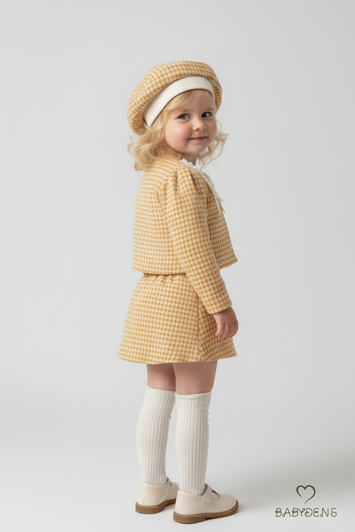 BABYDEN'S Kız Bebek Kışlık Elbise Etek Ceket Şapka Takımı,Oduncu Kumaş Baharlık 3’lü Kombin Düğme ve Fiyonklu fotoğrafı 4 (önizleme)