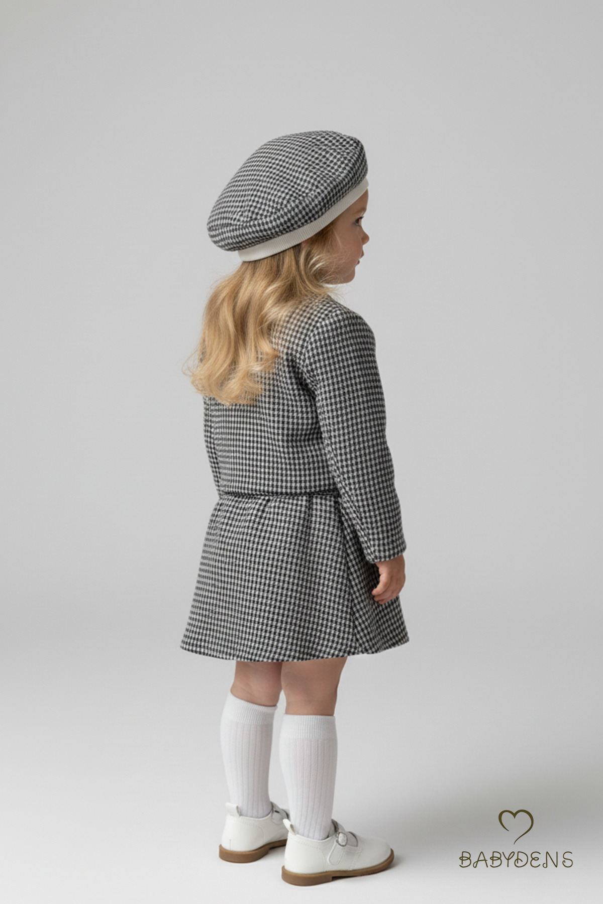 BABYDEN'S Kız Bebek Kışlık Elbise Etek Ceket Şapka Takımı,Oduncu Kumaş Baharlık 3’lü Kombin Düğme ve Fiyonklu fotoğrafı 4 (önizleme)